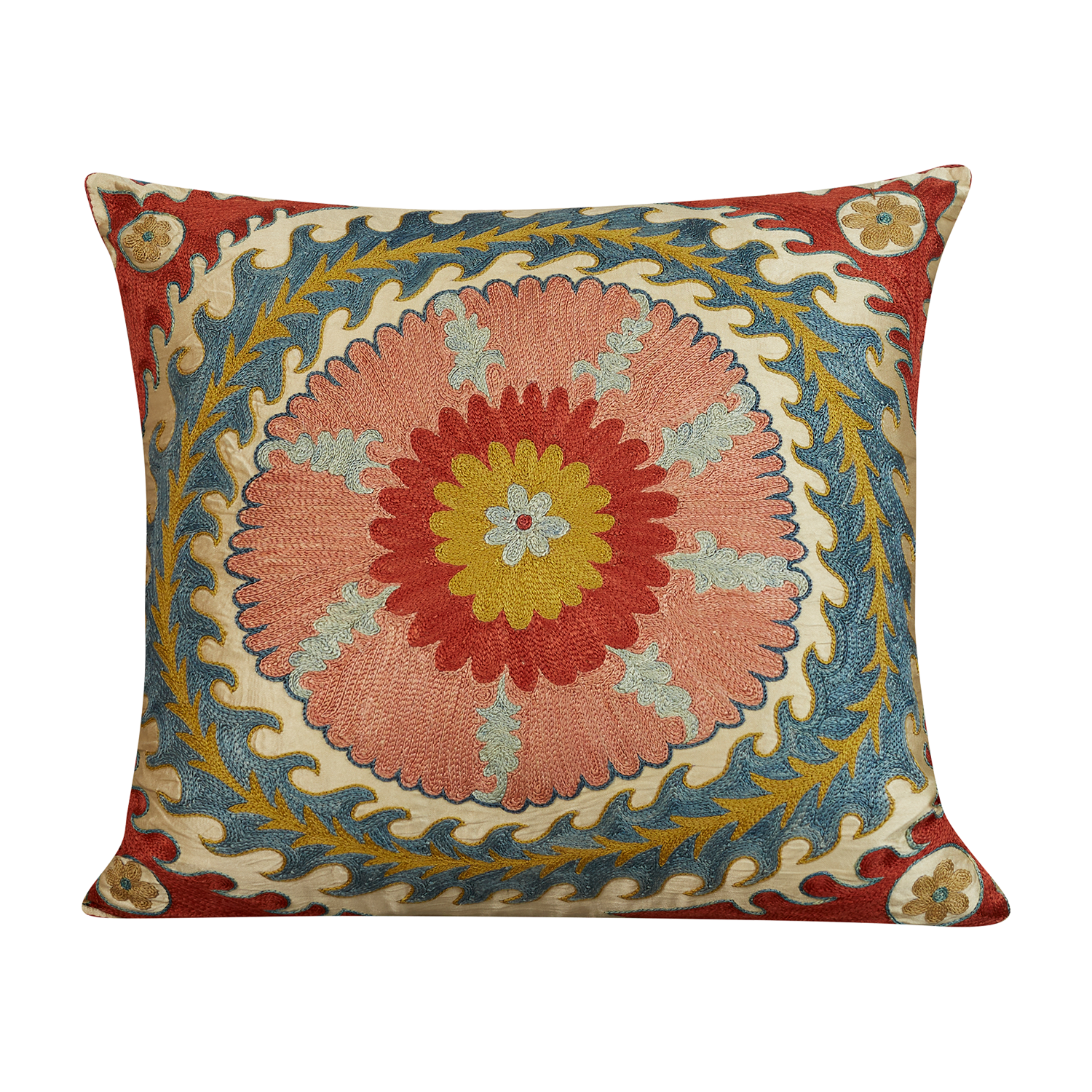 Square sunburst medallion suzani on beige ground with blue back