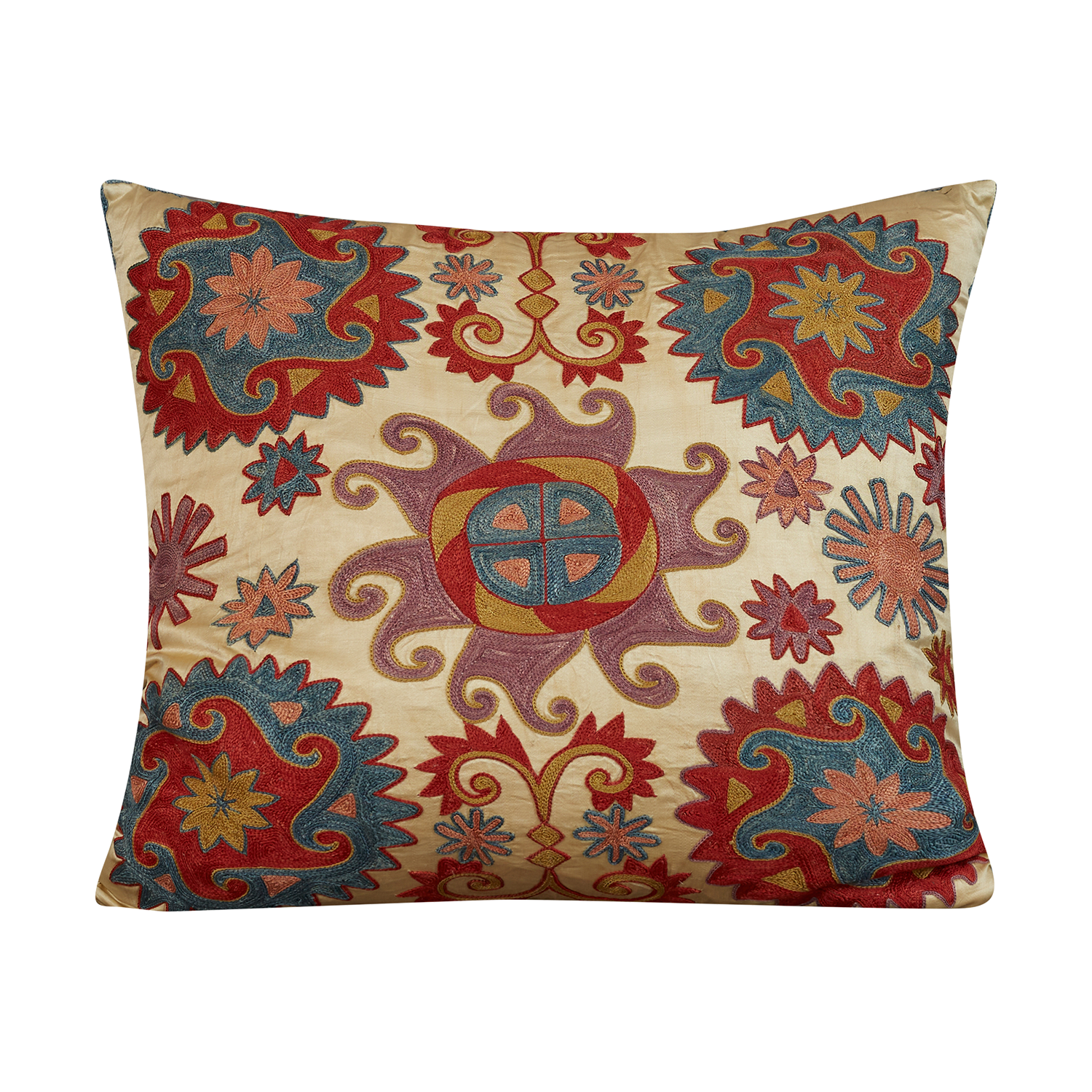 Square jewel medallion suzani on beige ground with blue back