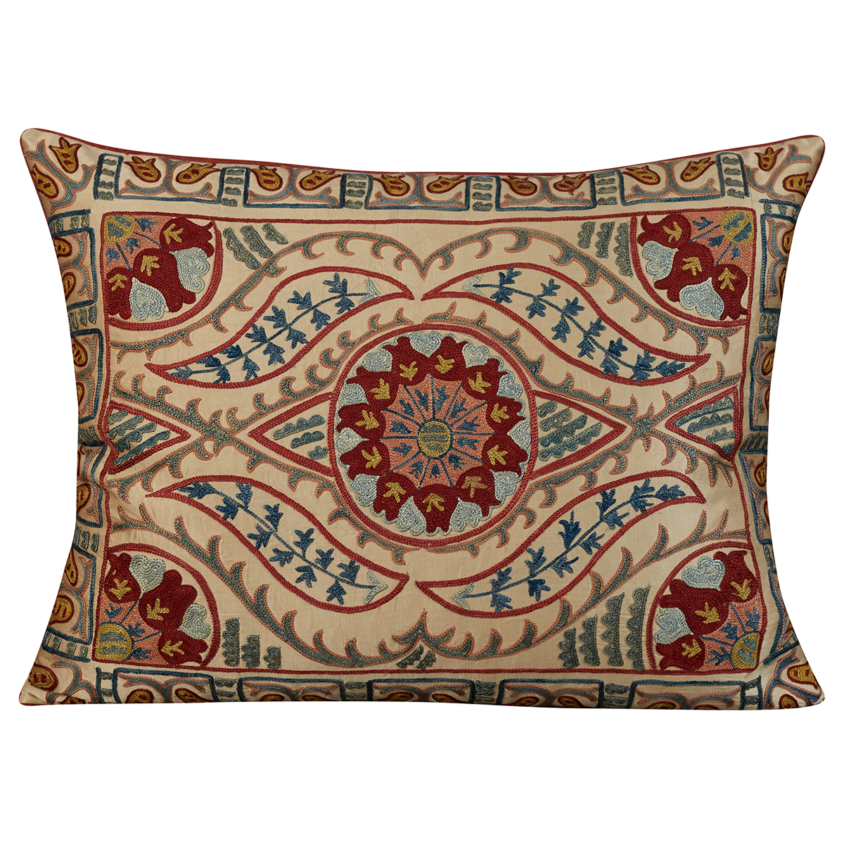 Rectangular silk suzani cushion with symmetrical design