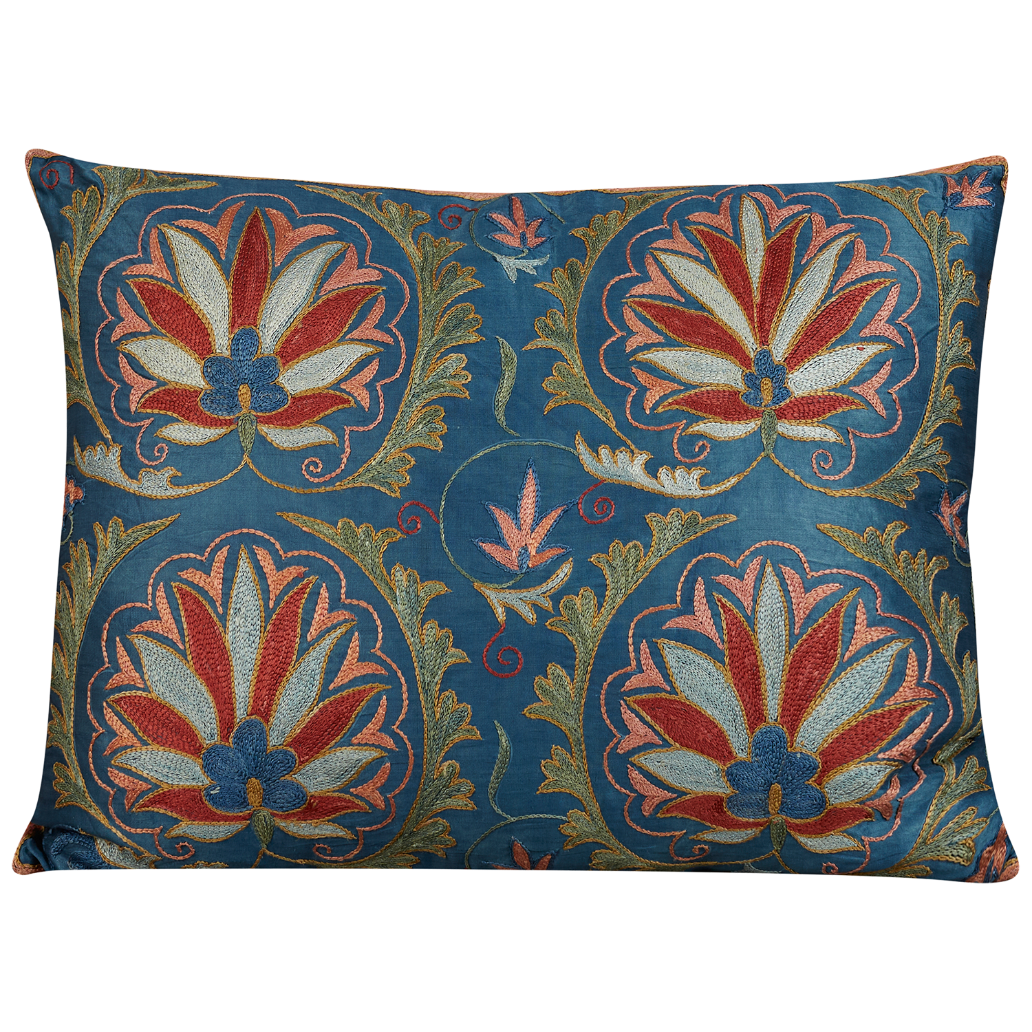 Rectangular jewel tone lotus suzani on blue ground with coral back