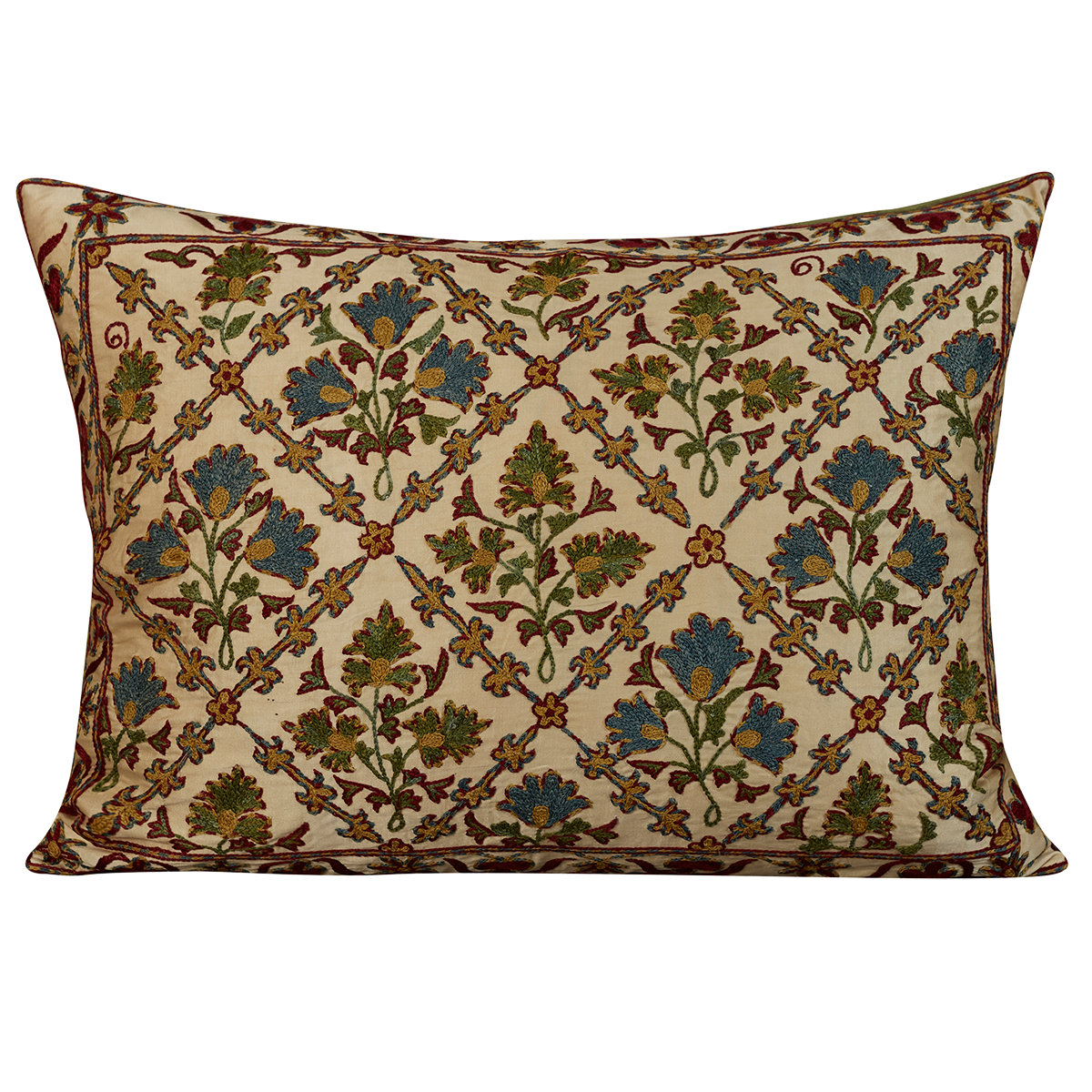 Rectangular silk suzani cushion with symmetrical lattice design