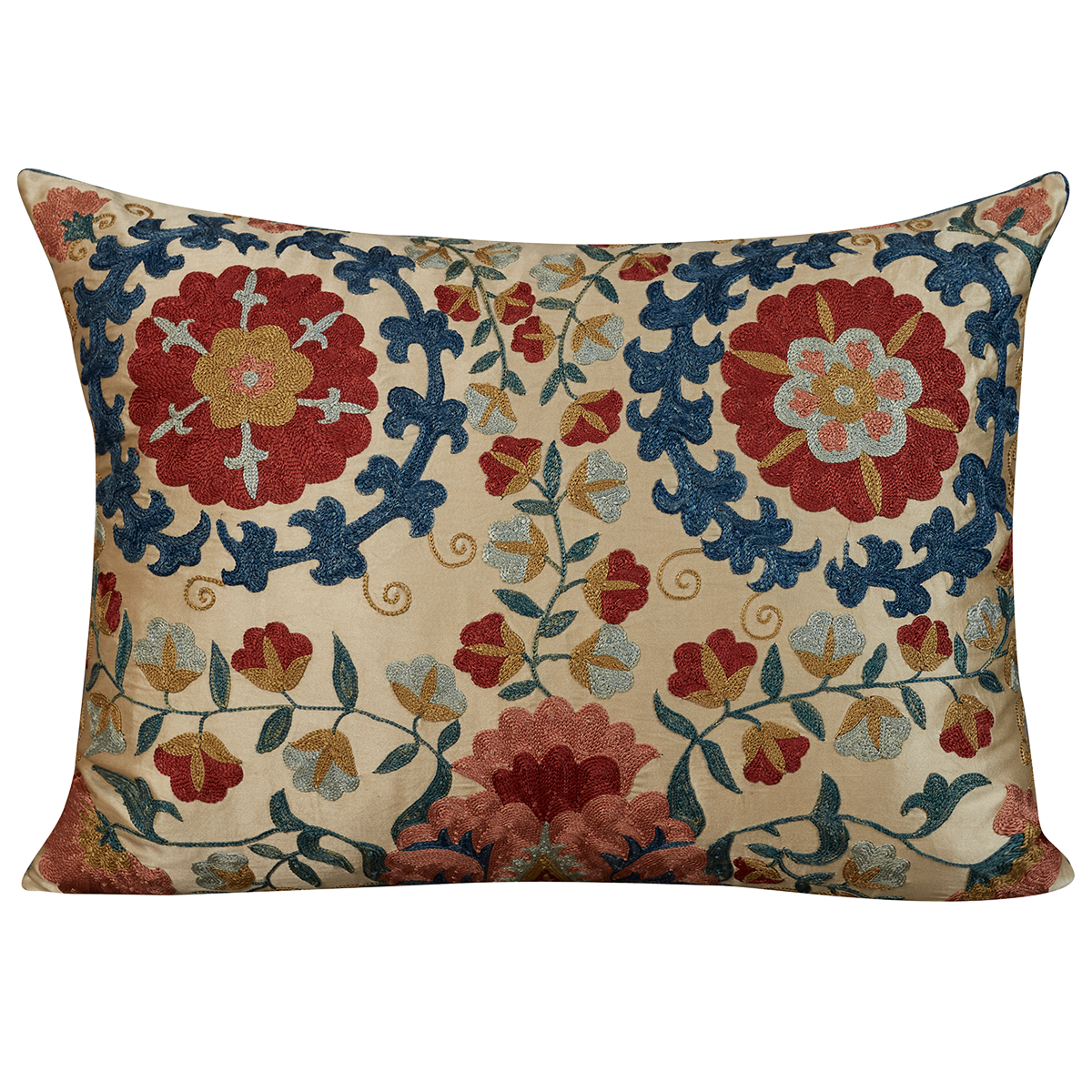 Rectangular silk suzani cushion with bold floral design