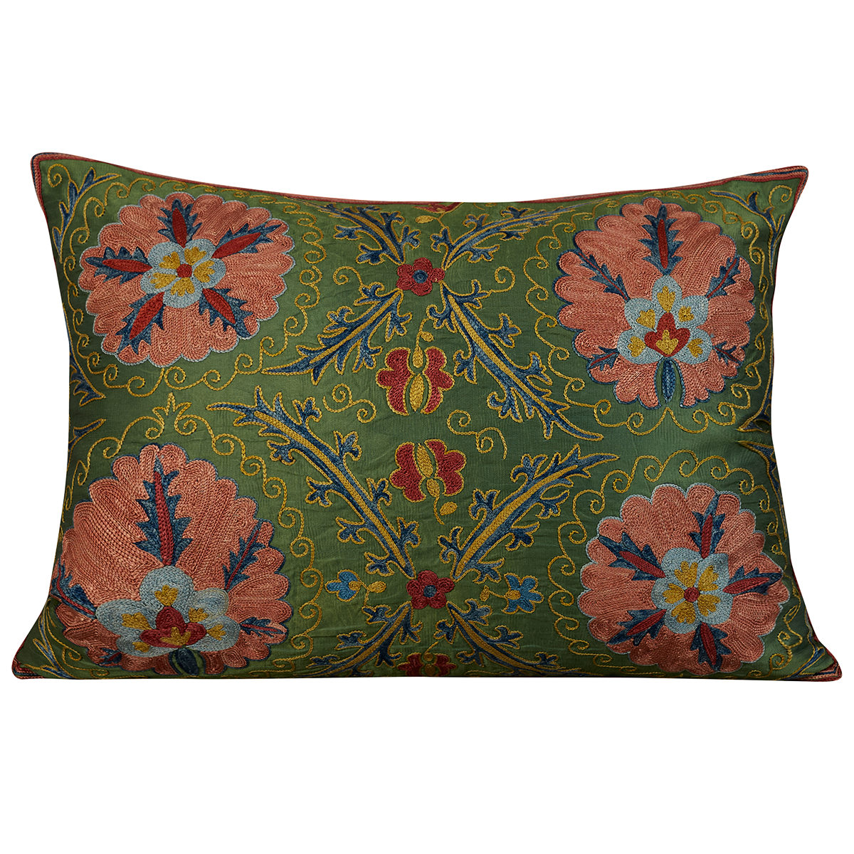 Rectangular silk suzani cushion with pink floral design on forest green ground