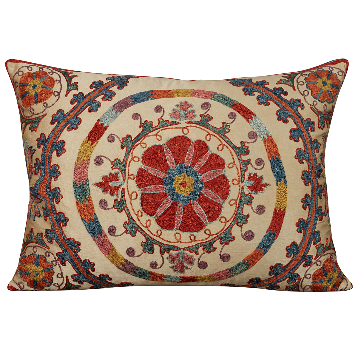 Rectangular silk suzani cushion with central medalion and floral design