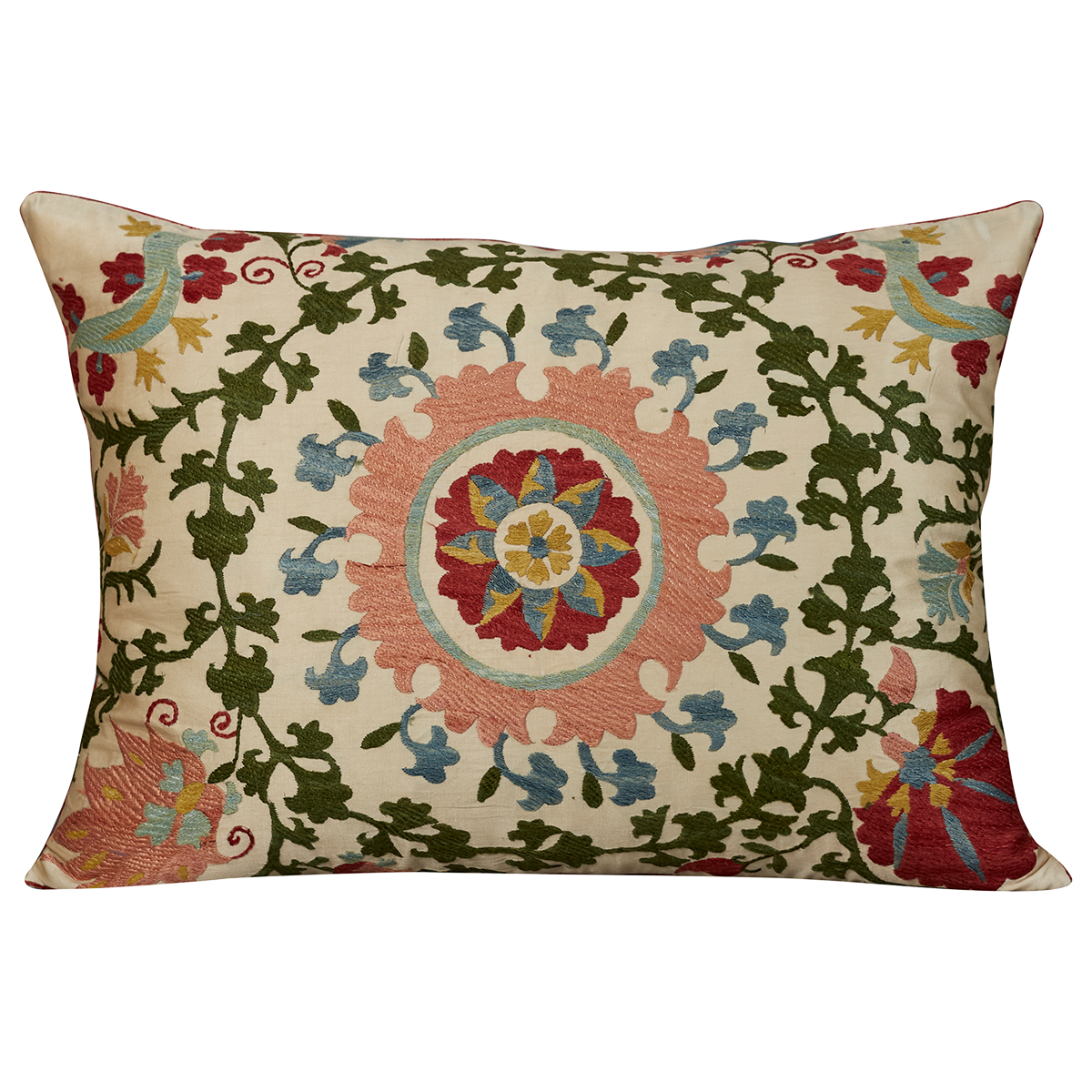 Rectangular scrolling green and central pink floral design silk suzani cushion