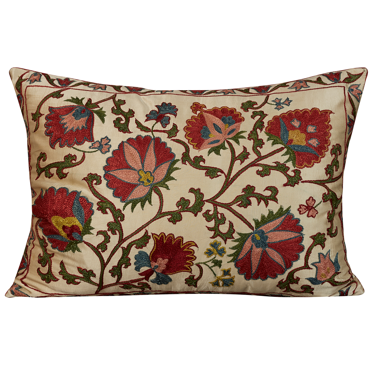 Rectangular silk suzani cushion with all over floral design on cream ground