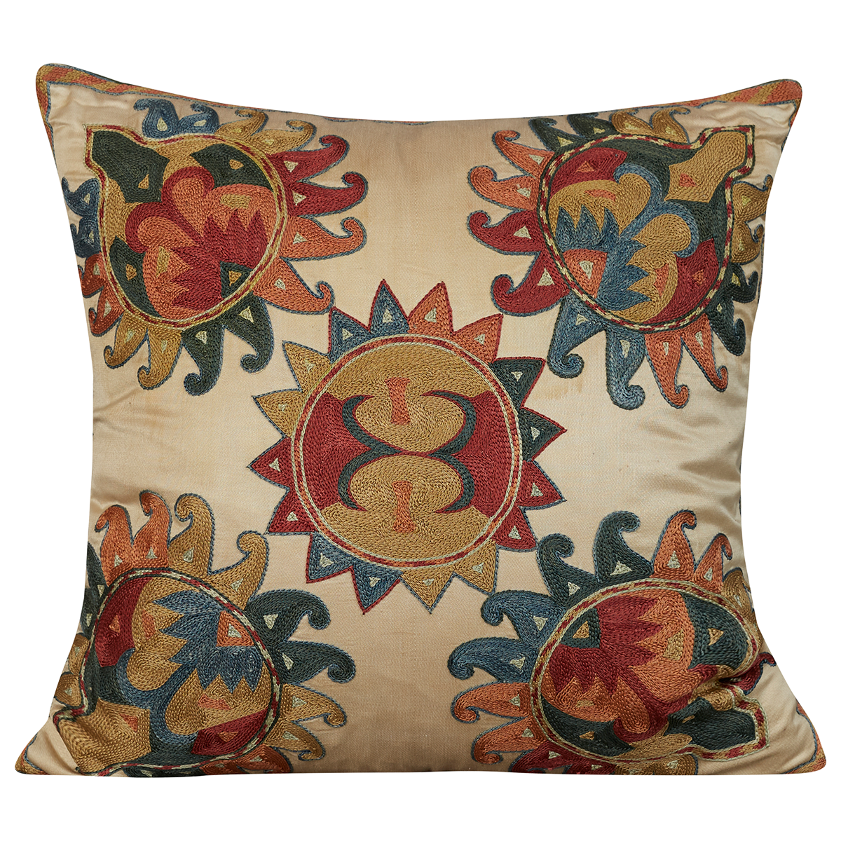 Square silk suzani cushion with Anatolian motifs