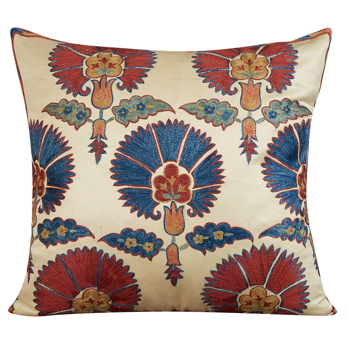 Square silk suzani cushion with red and blue carnation design and blue silk back