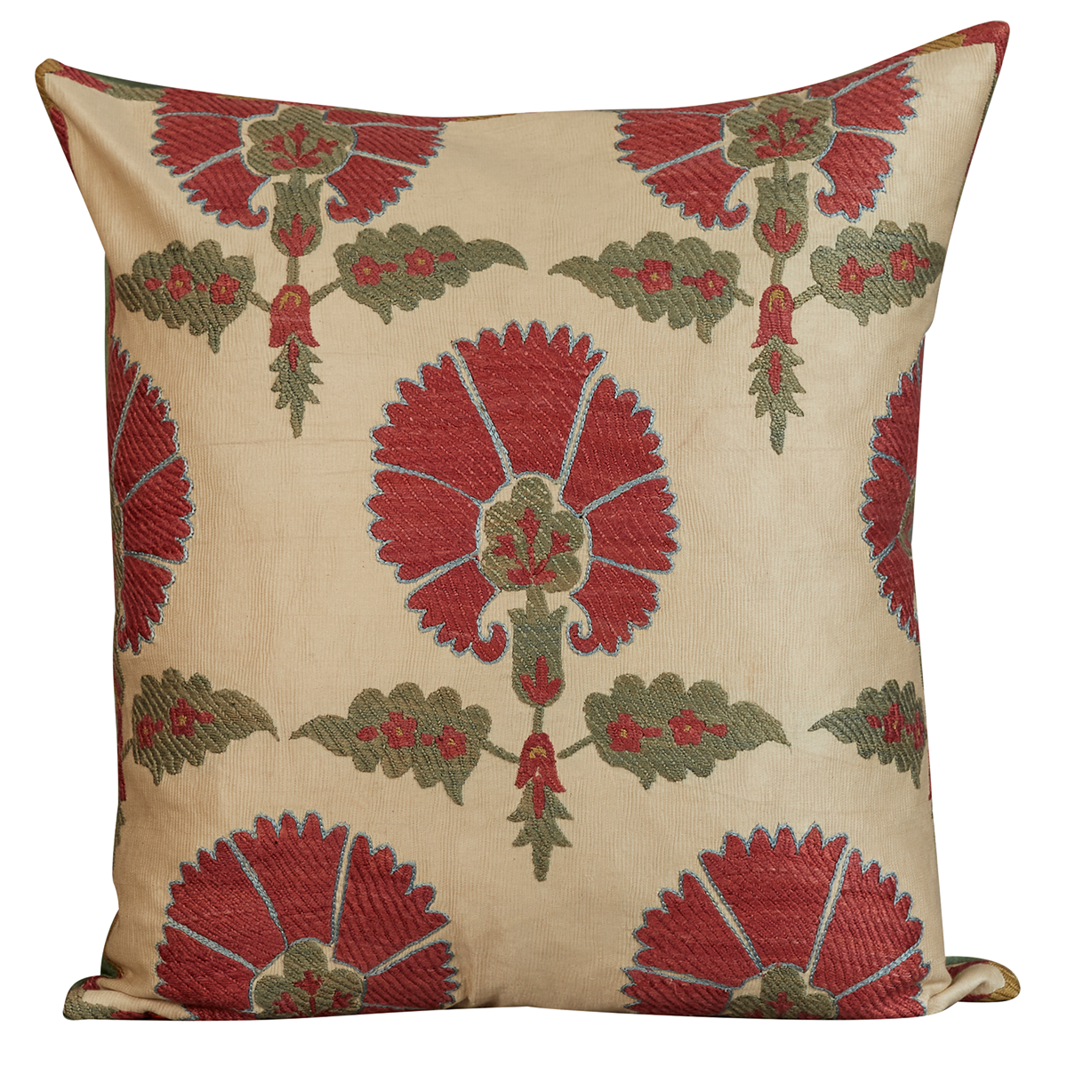 Square silk suzani cushion with red carnation design and green silk back