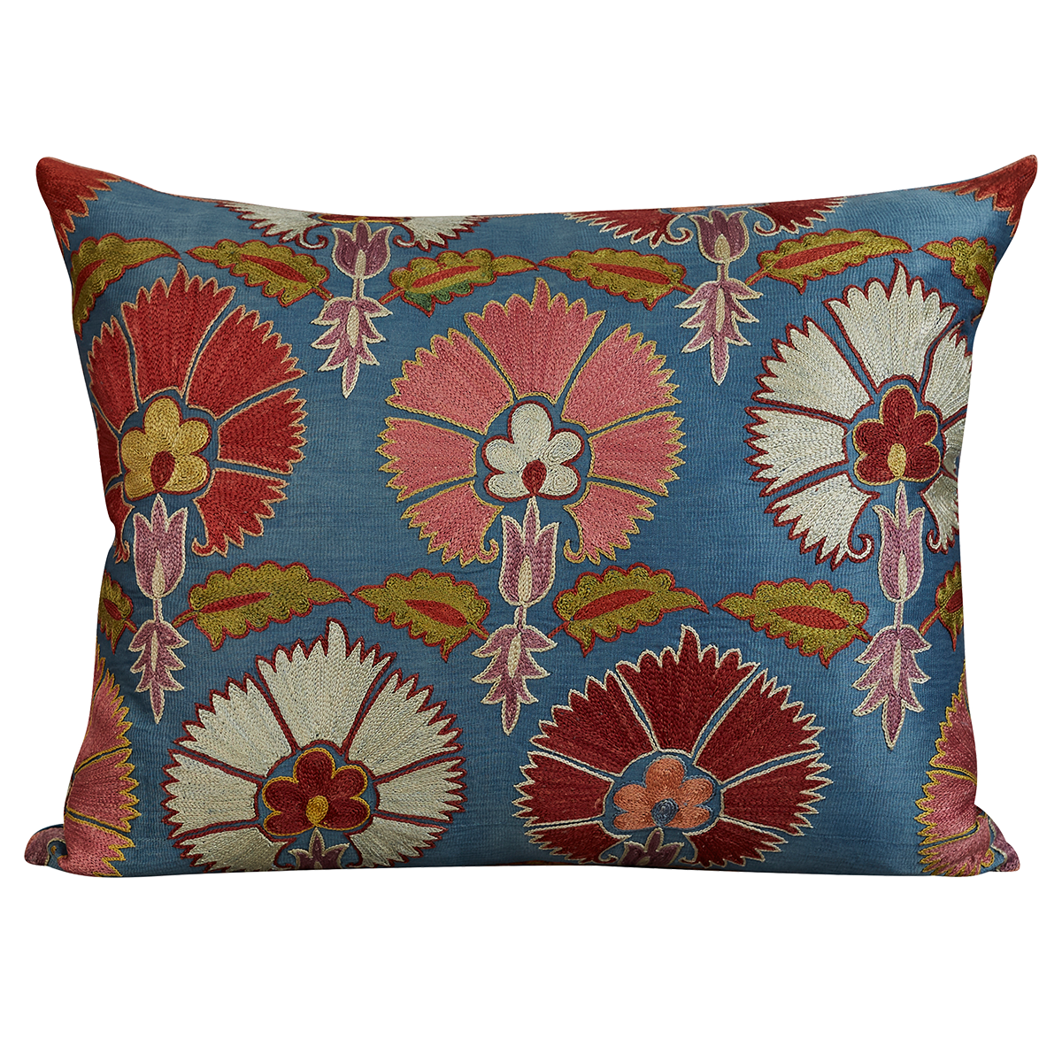 Rectangular silk suzani cushion with carnation design on blue ground
