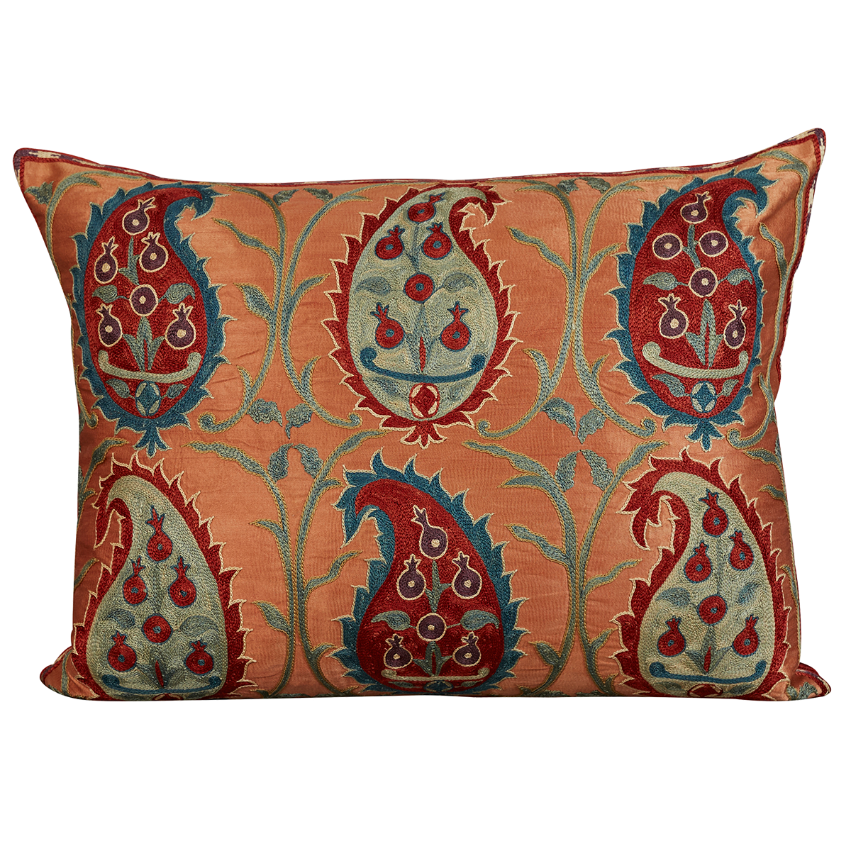 Rectangular silk suzani cushion with blue and red paisley design on pink ground