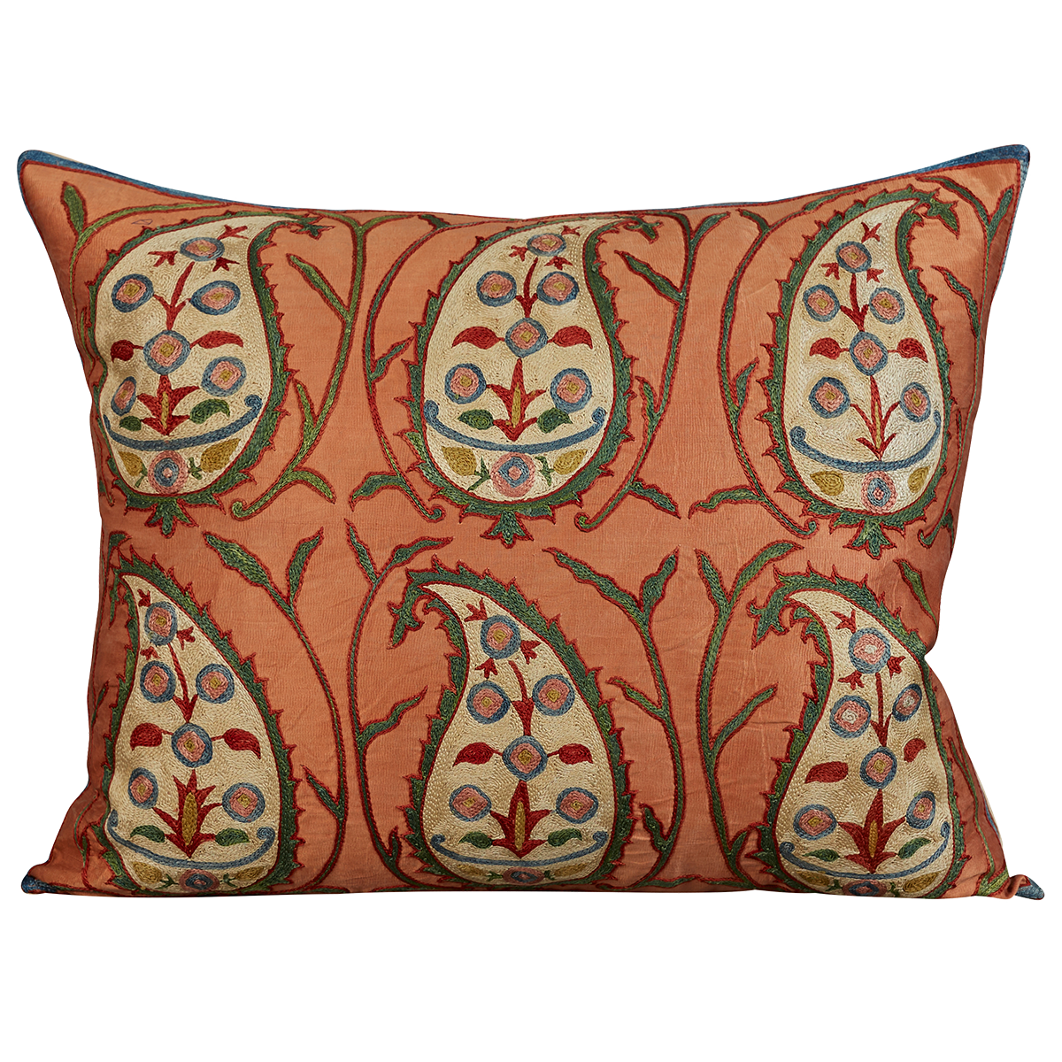 Rectangular silk suzani cushion with cream paisley design on pink ground