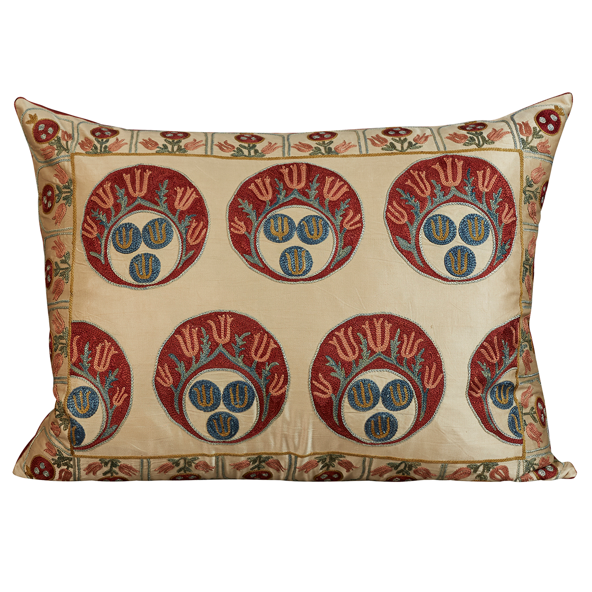 Rectangular silk suzani cushion with tulip motifs and scalloped border