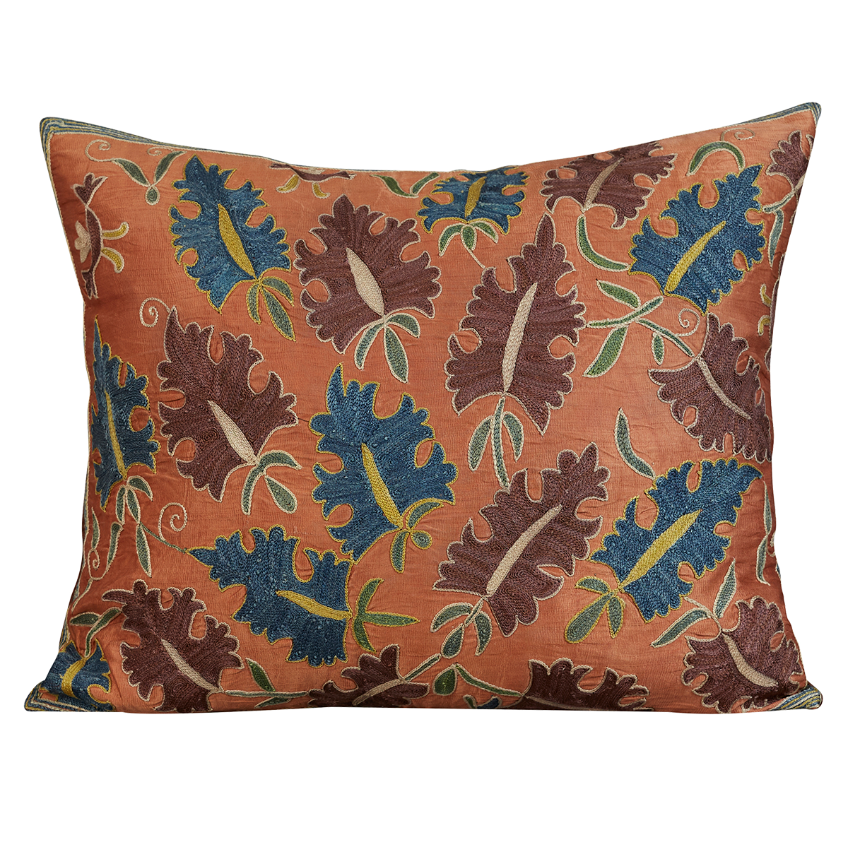 Rectangular silk suzani cushion with stylised Ottoman saz leaves on pink ground