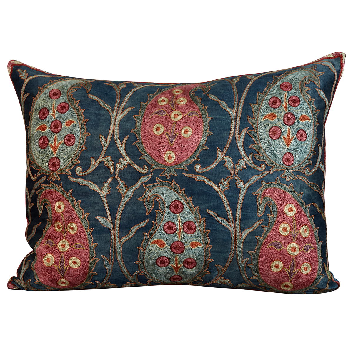 Rectangular silk suzani cushion with blue and pink paisley design on blue ground