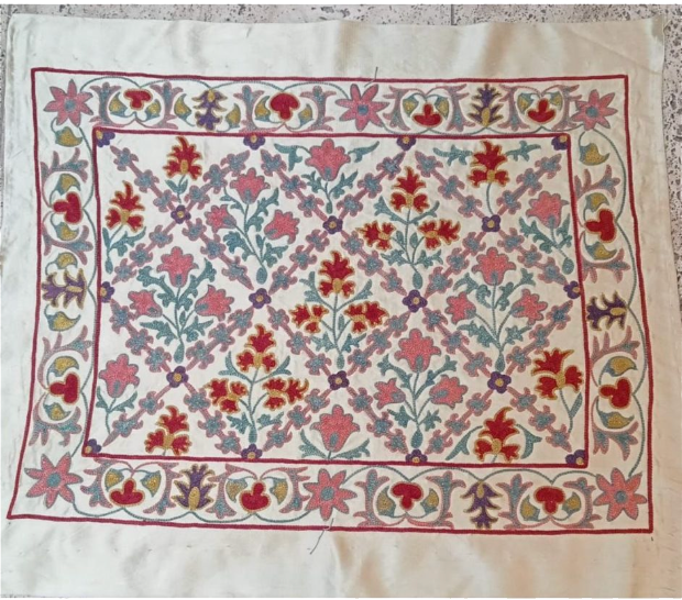 Rectangular pink and purple floral trellis design suzani on cream ground