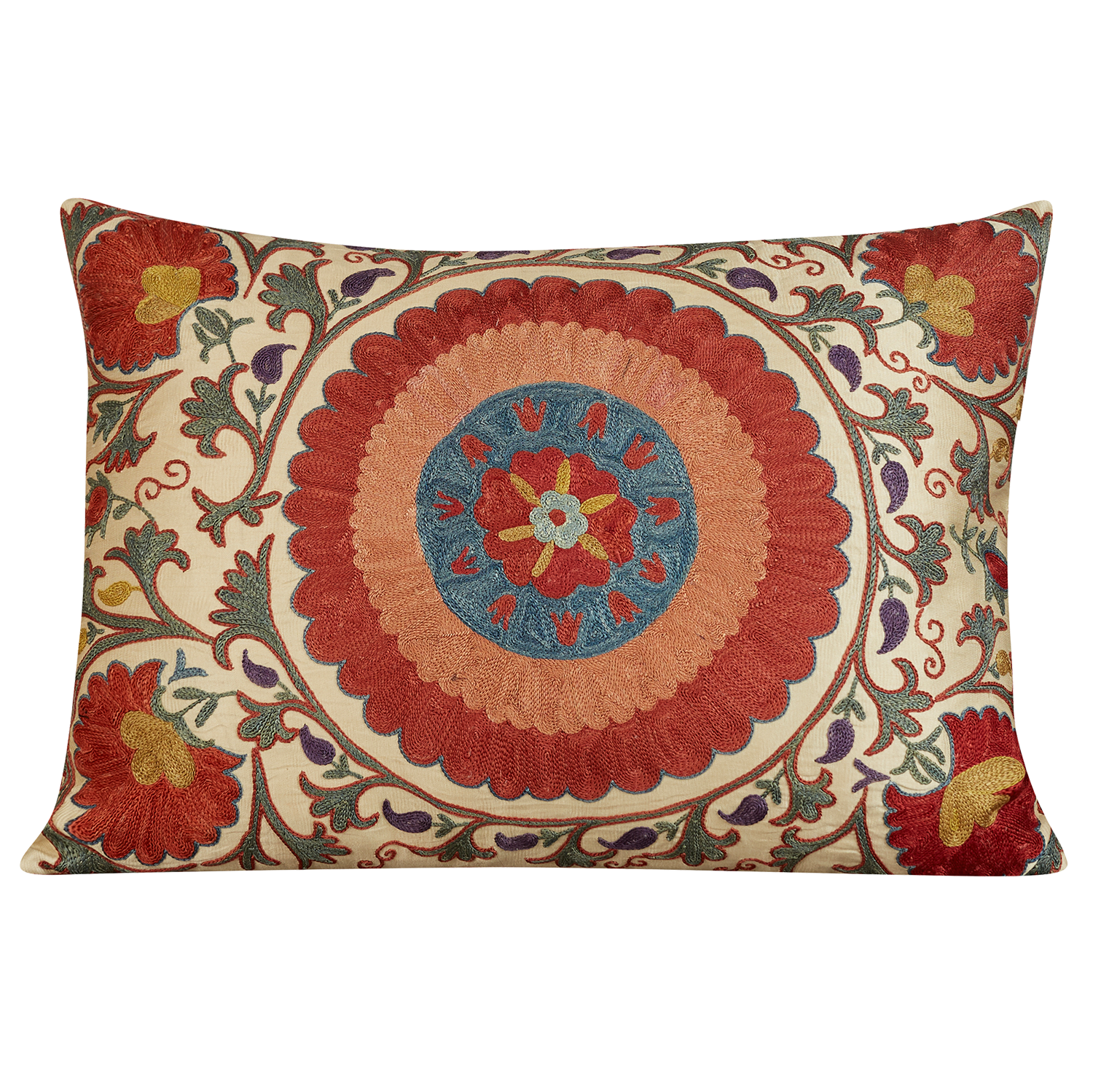 Rectangular bold floral design suzani with large red and pink central medalion