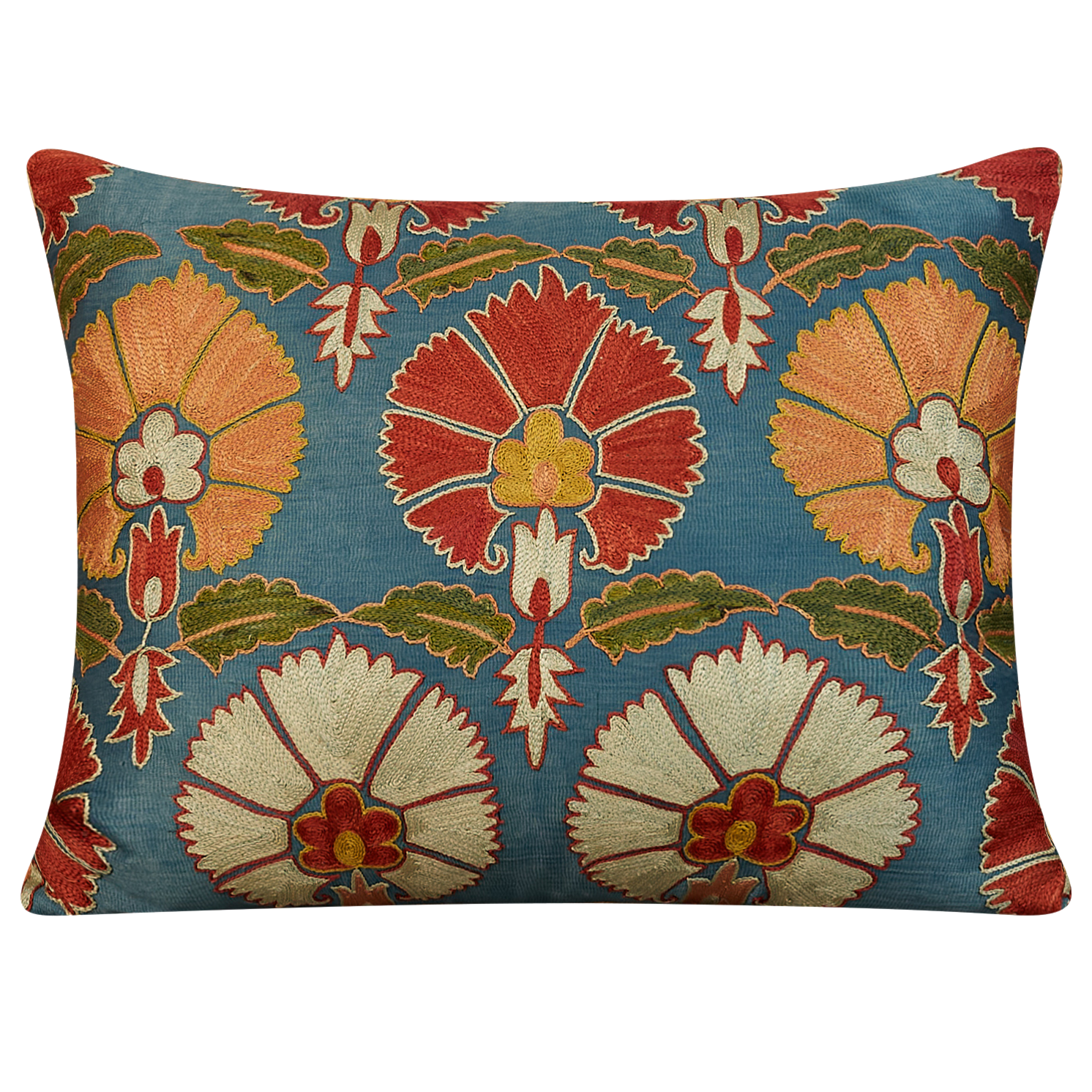 Rectangular floral design suzani with carnation design on blue ground