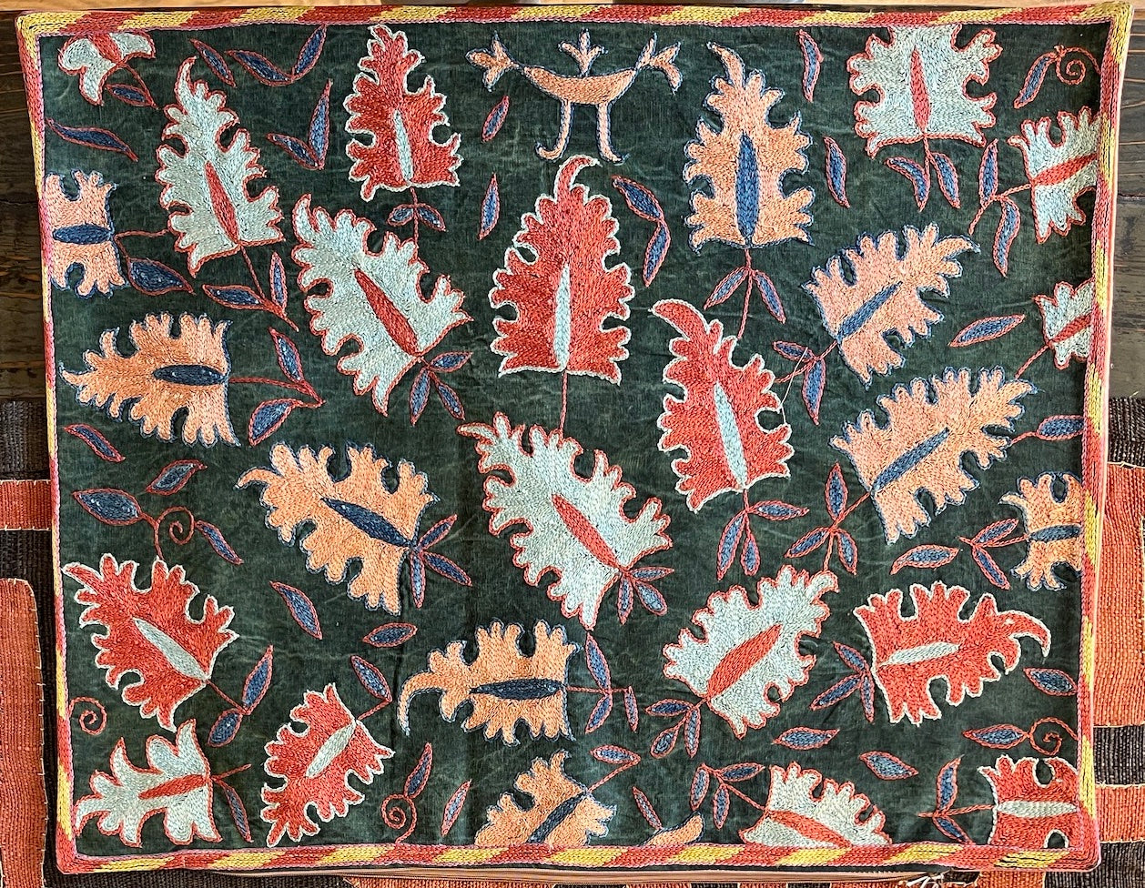 Rectangular floral leaf design suzani on dark blue/green ground