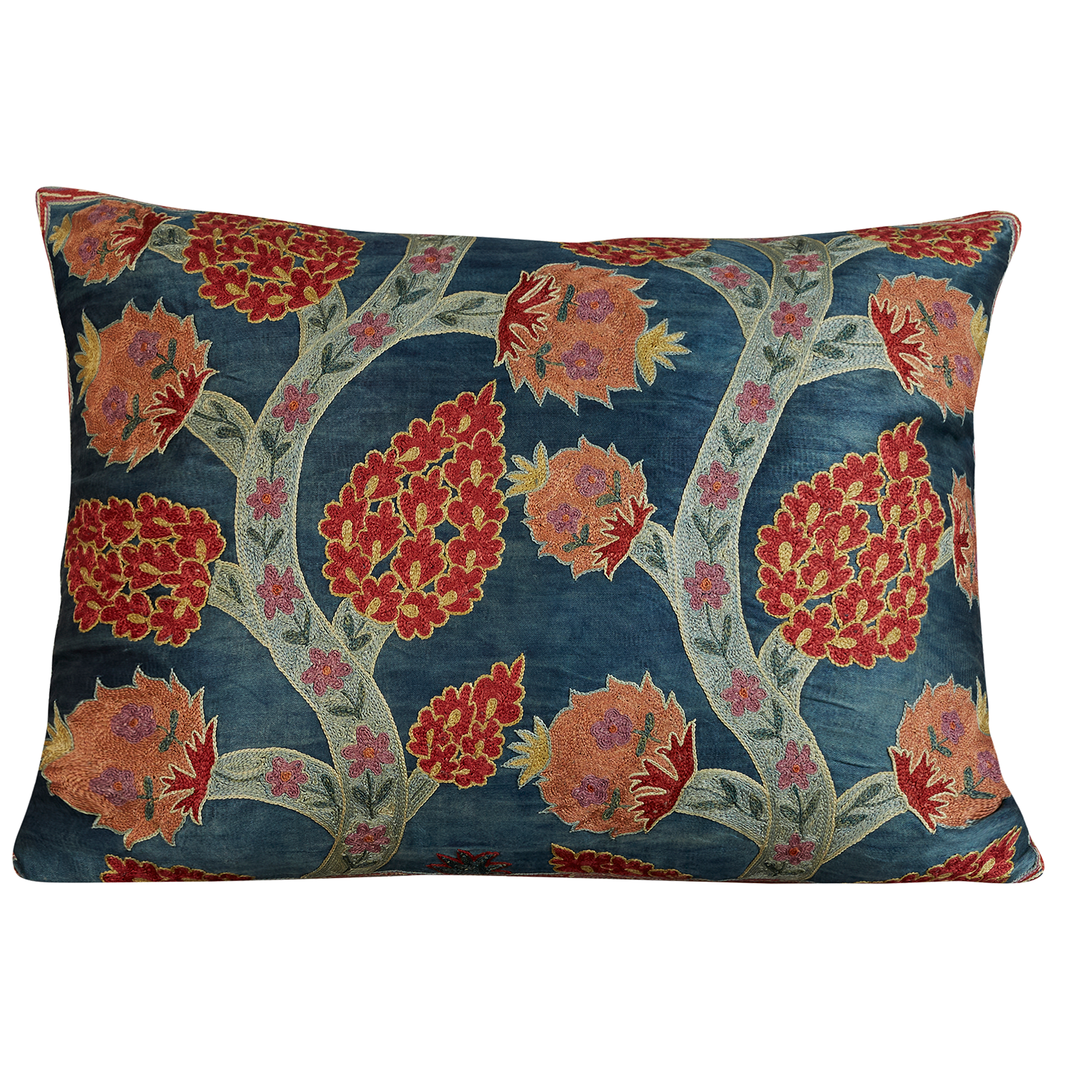 Rectangular pomegranate and vine design suzani on blue ground