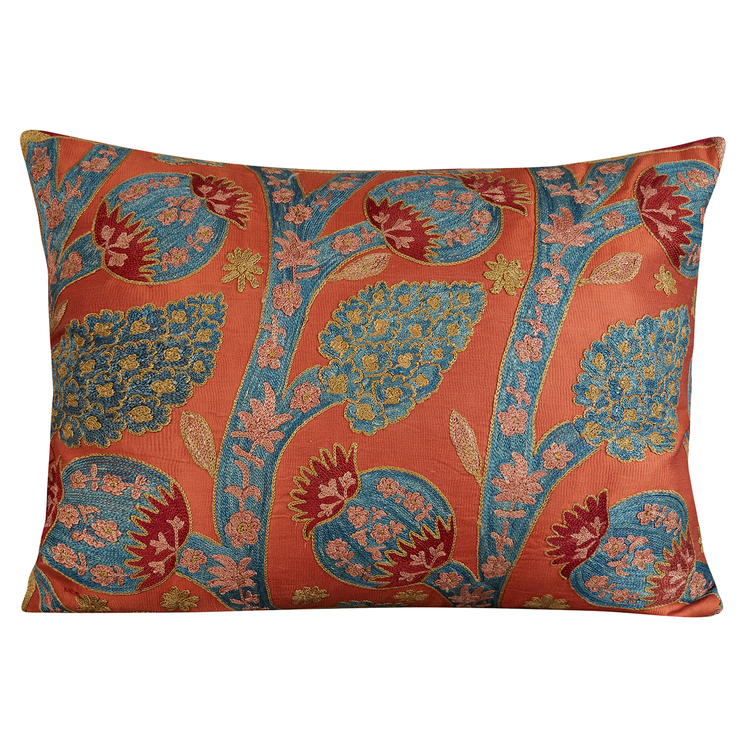 Rectangular pomegranate and vine design suzani on apricot ground and blue silk back