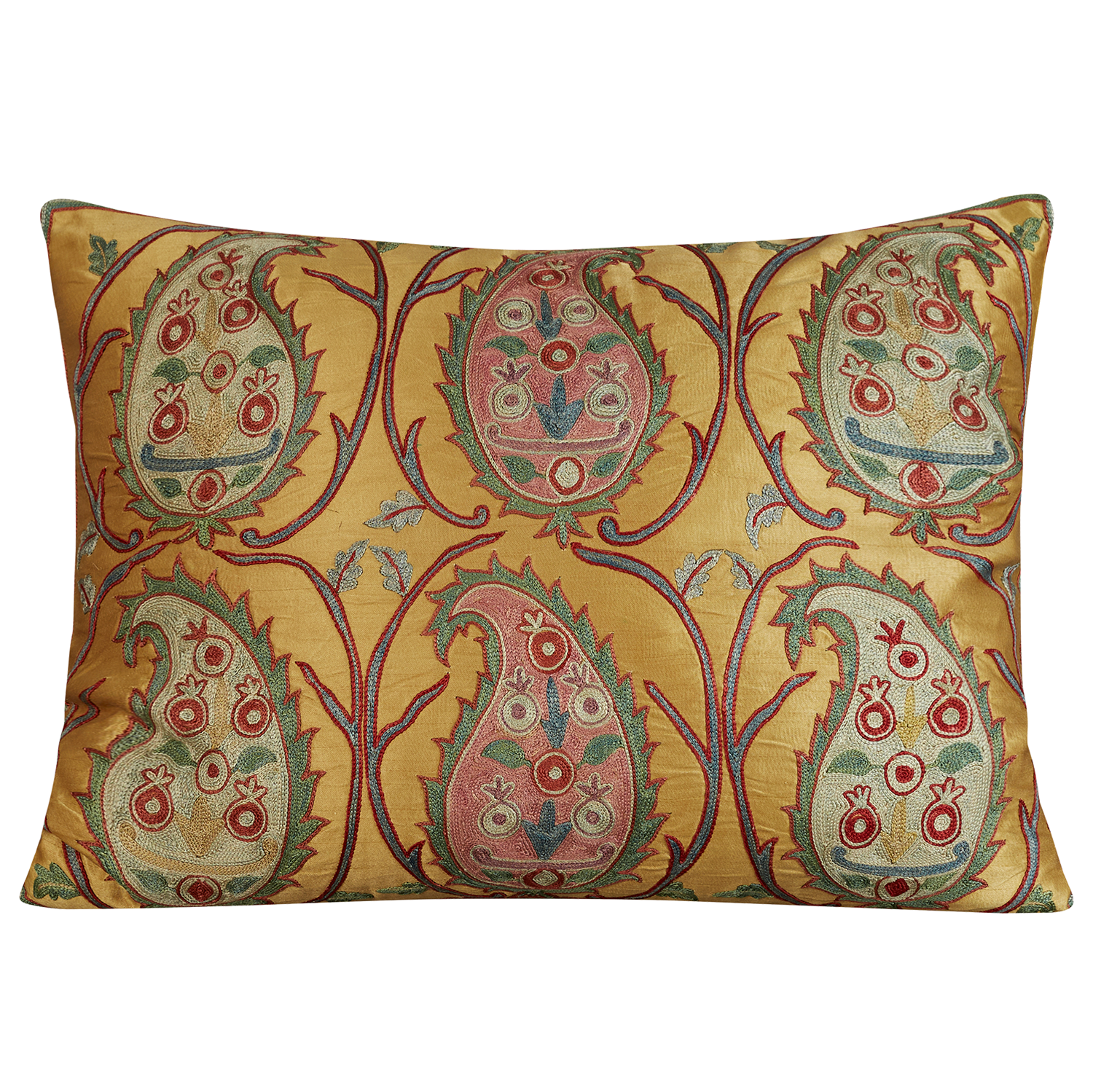 Rectangular paisley design suzani on gold/yellow ground