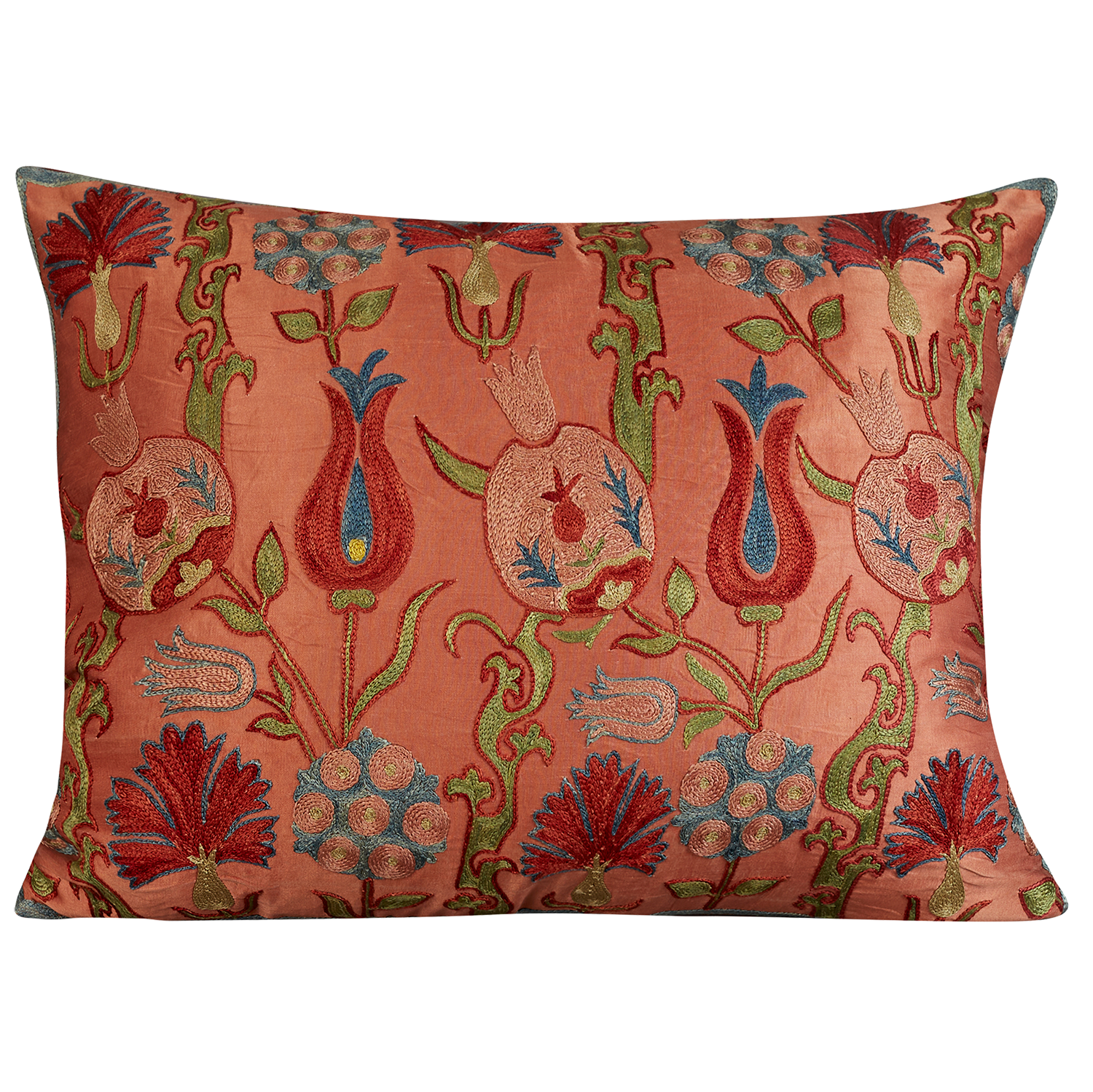 Rectangular carnation, pomegranate, tulip, floral design suzani on pink/coral ground