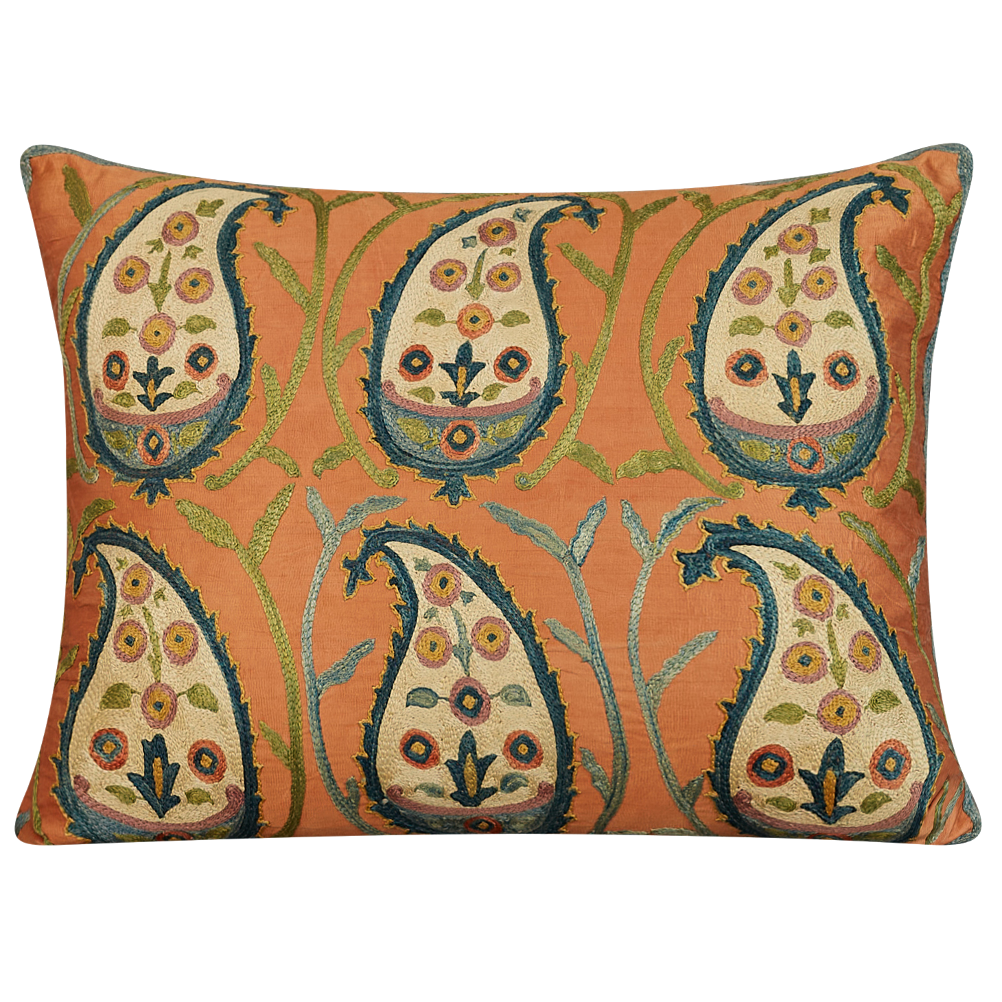 Rectangular cream paisley and vine design suzani on salmon pink ground