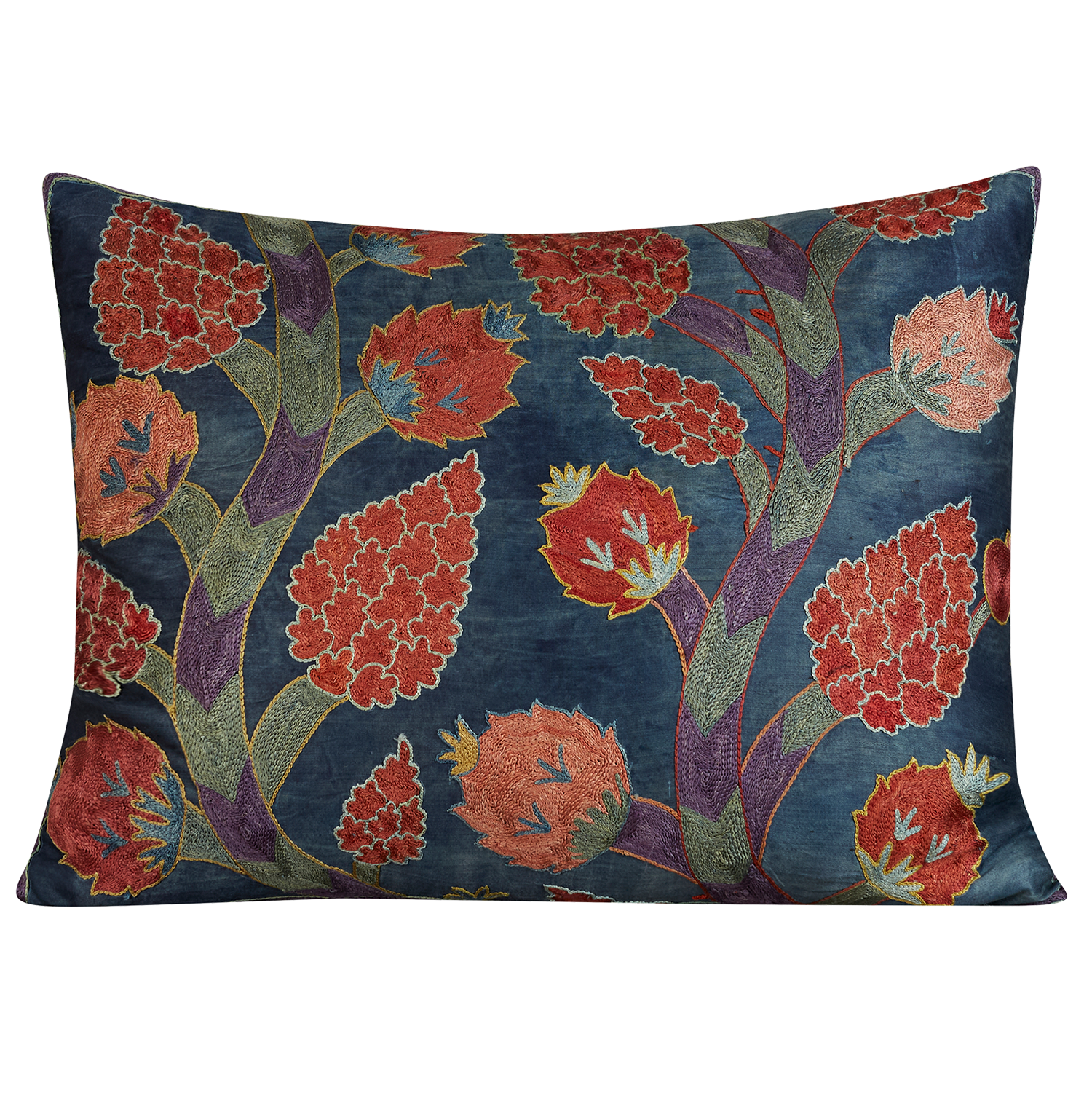 Rectangular pomegranate and vine design suzani on dark blue ground
