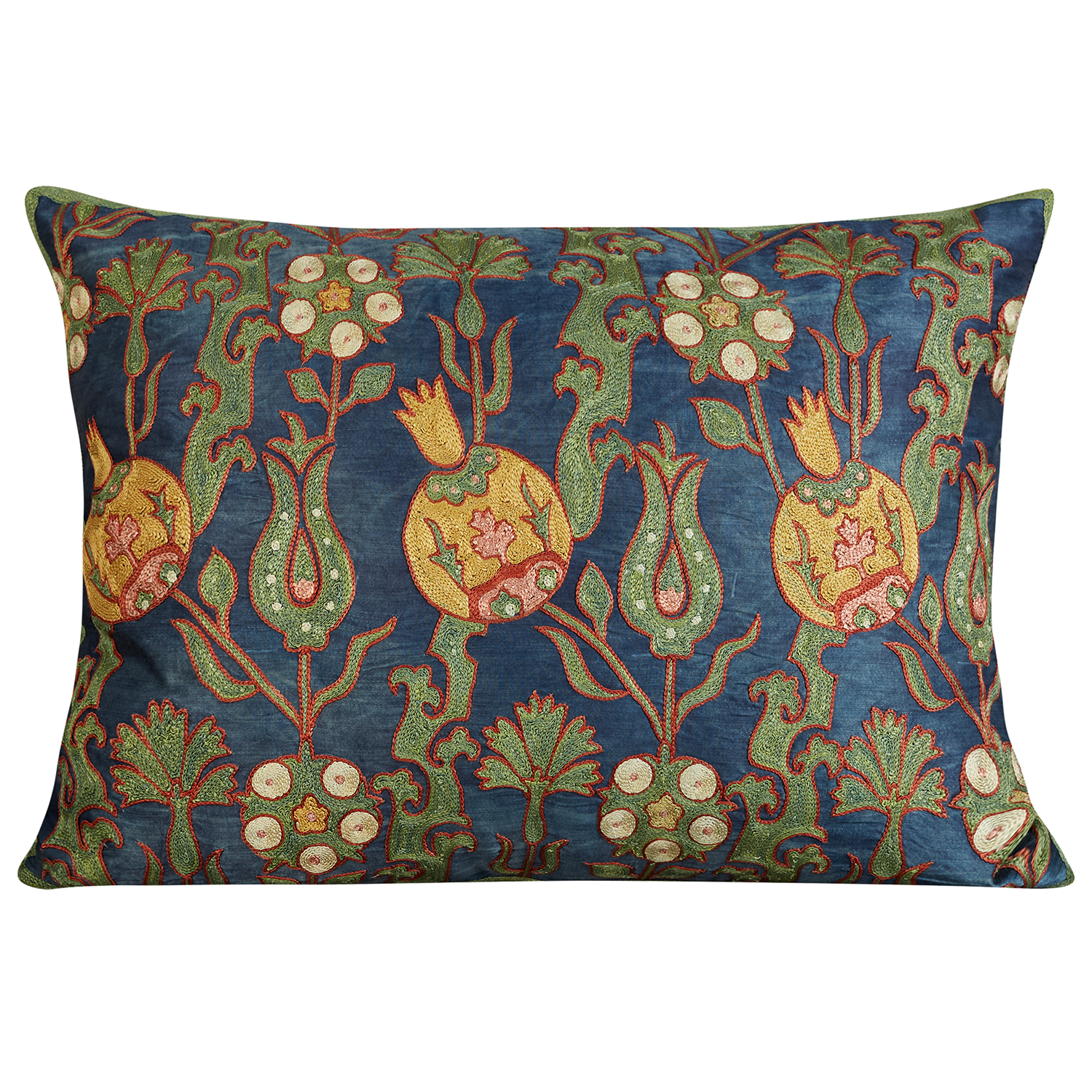 Rectangular floral yellow pomegranate design suzani on dark blue ground