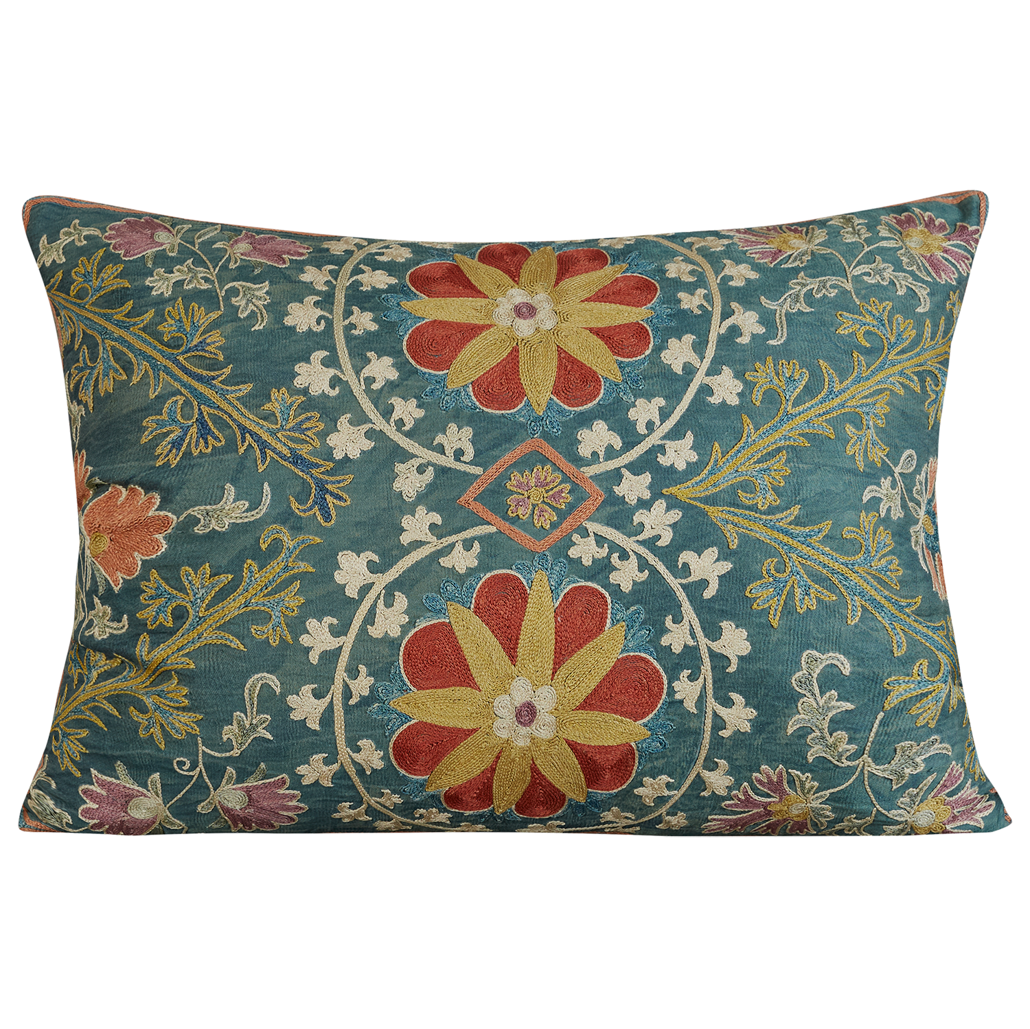 Rectangular daisies and chrysanthemums design suzani on blue/green ground