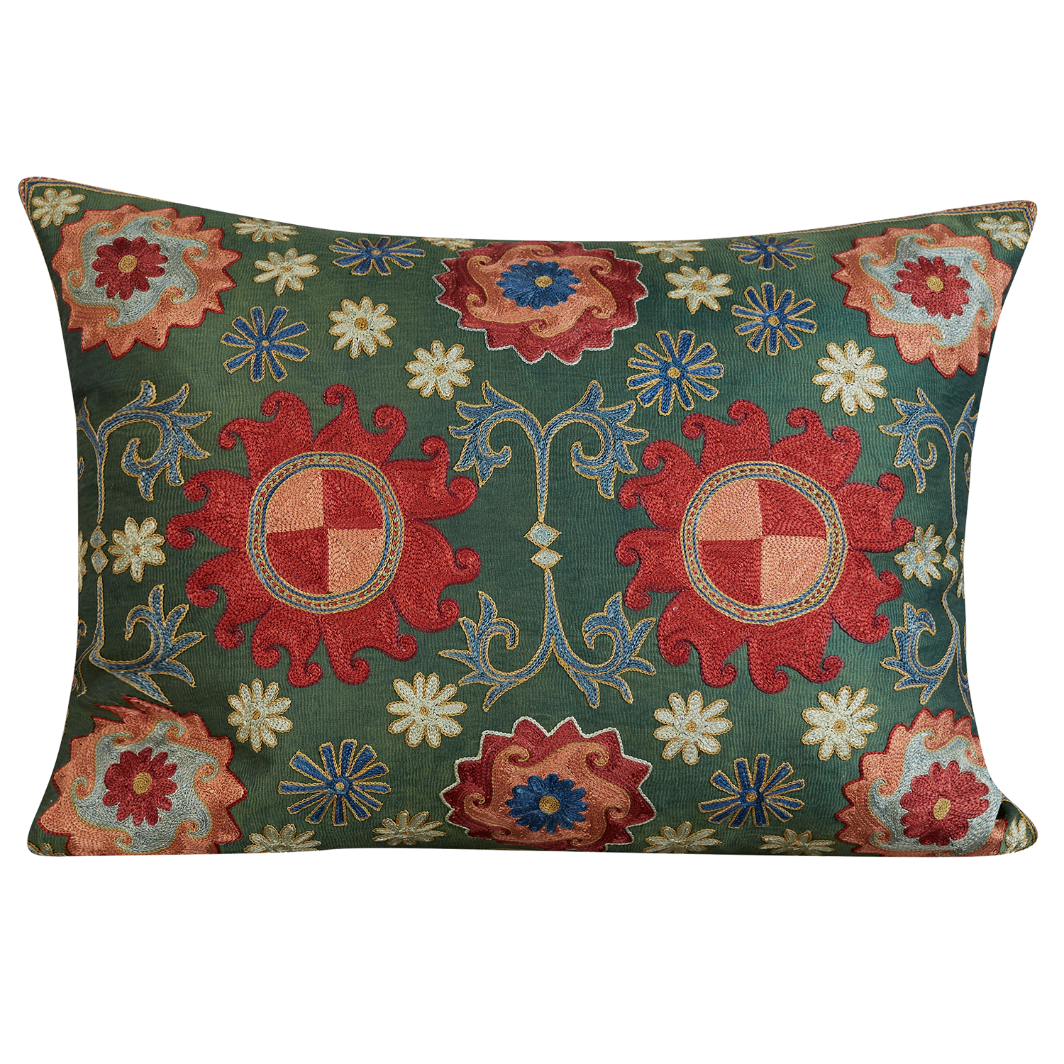 Rectangular medallion and floral starburst design suzani on green ground
