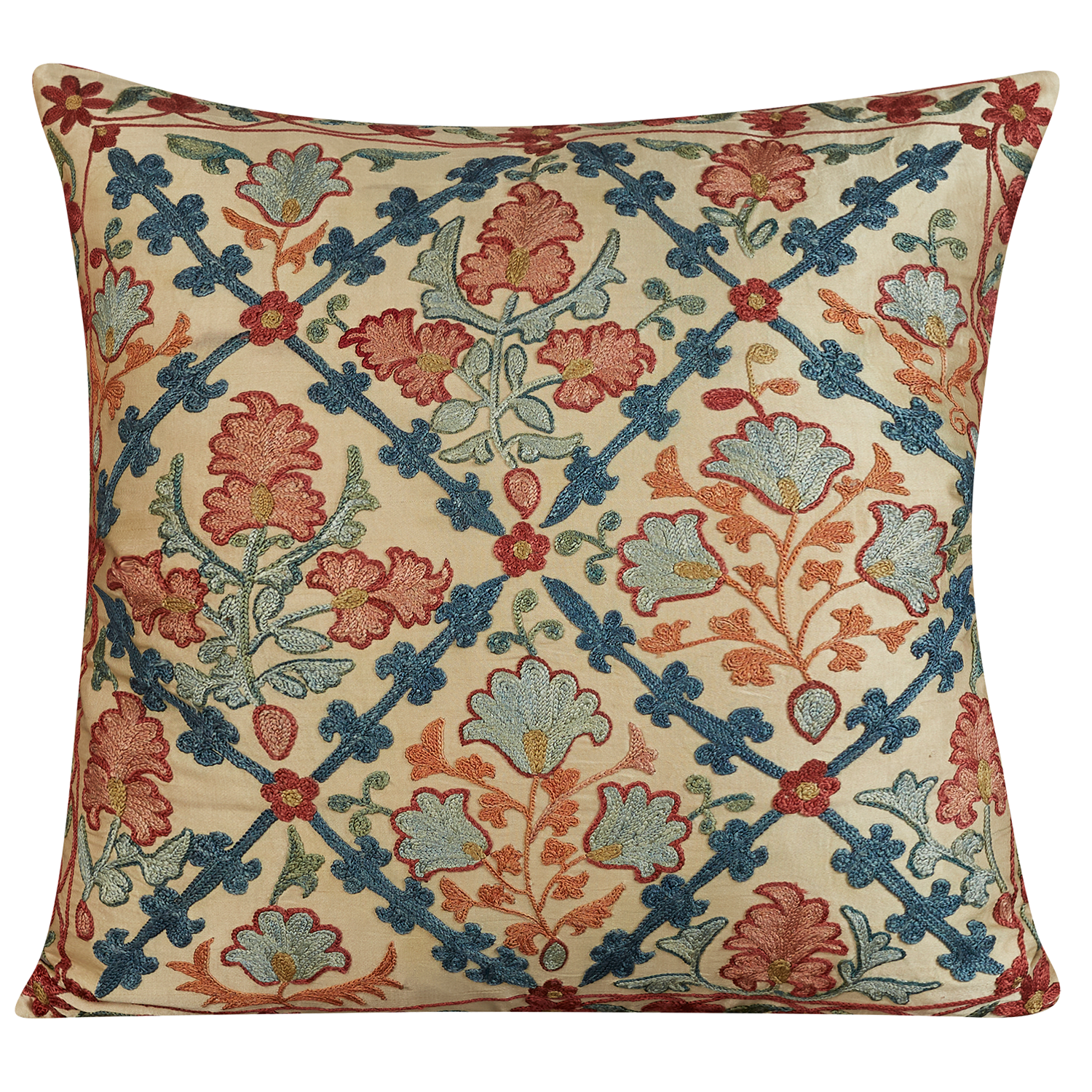 Sqaure floral carnation lattice design suzani on cream ground