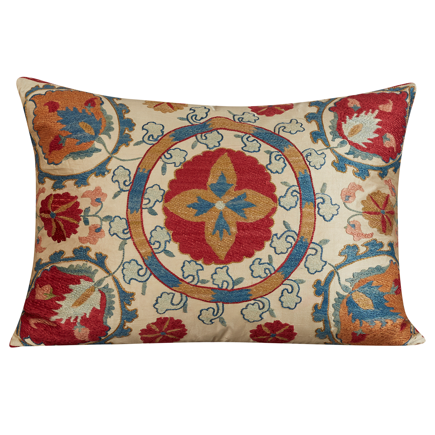 Rectangular symmetrical floral design suzani on cream ground
