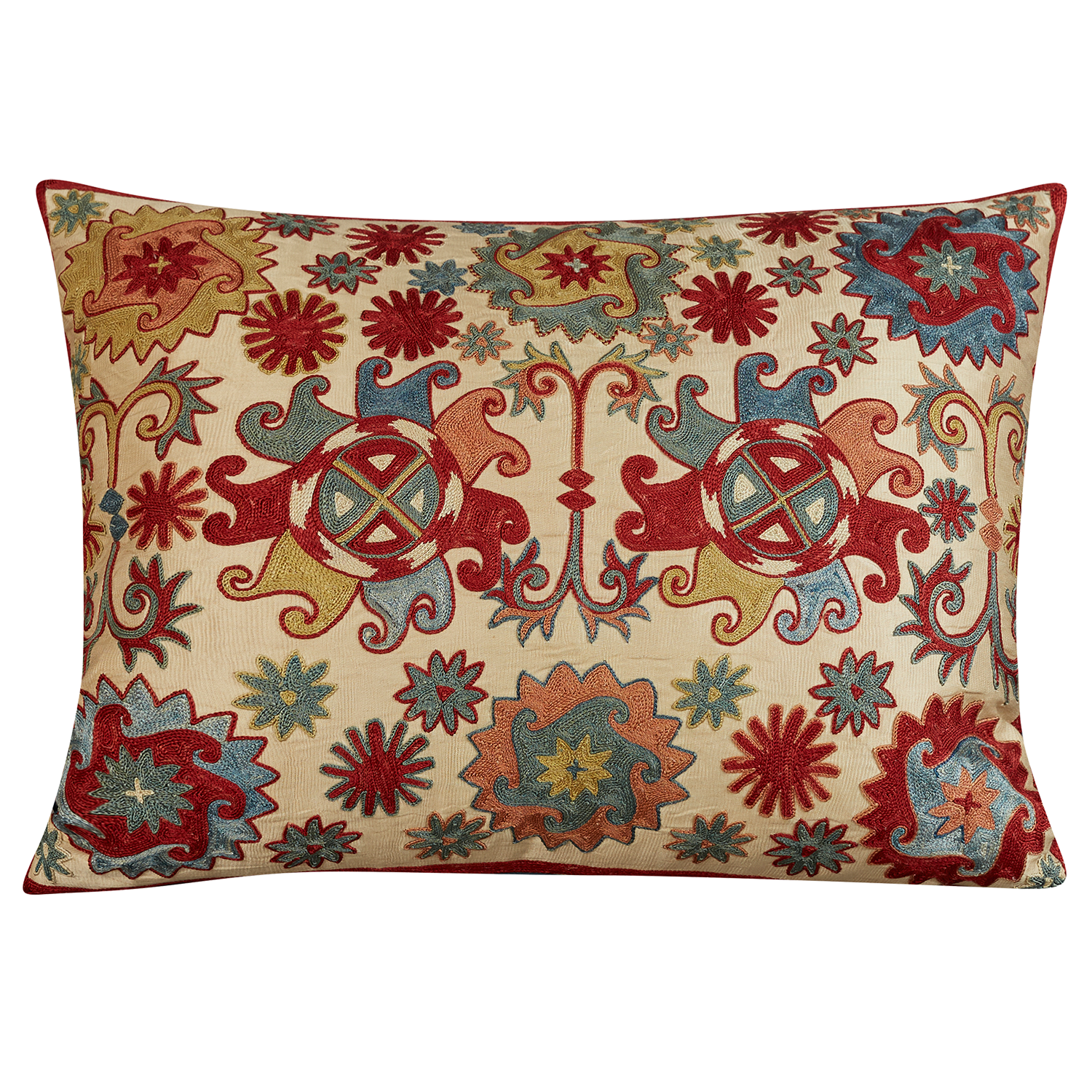 Rectangular venison red starburst medallion design suzani on cream ground