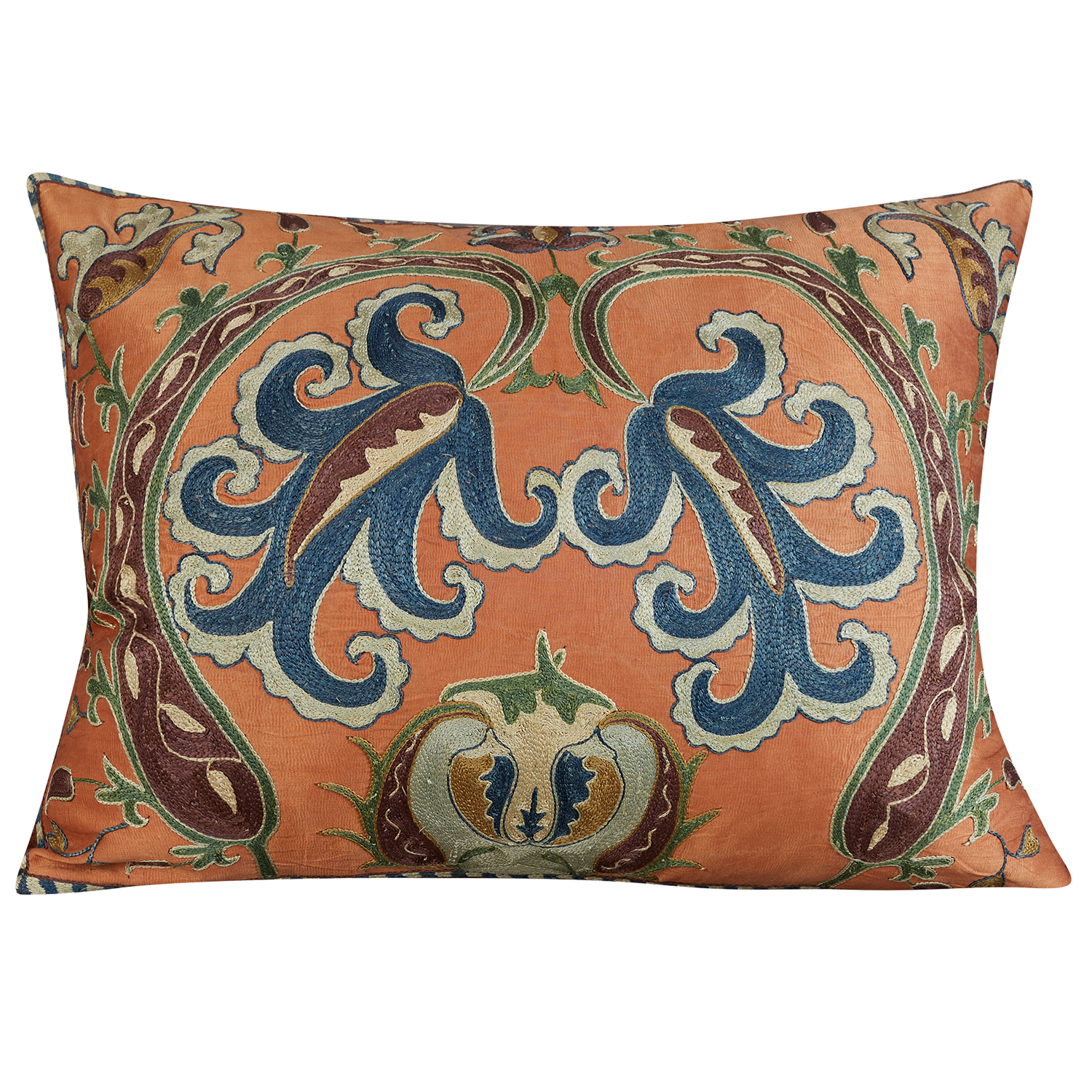 Rectangular aubergine paisley scrolling floral design suzani on coral ground