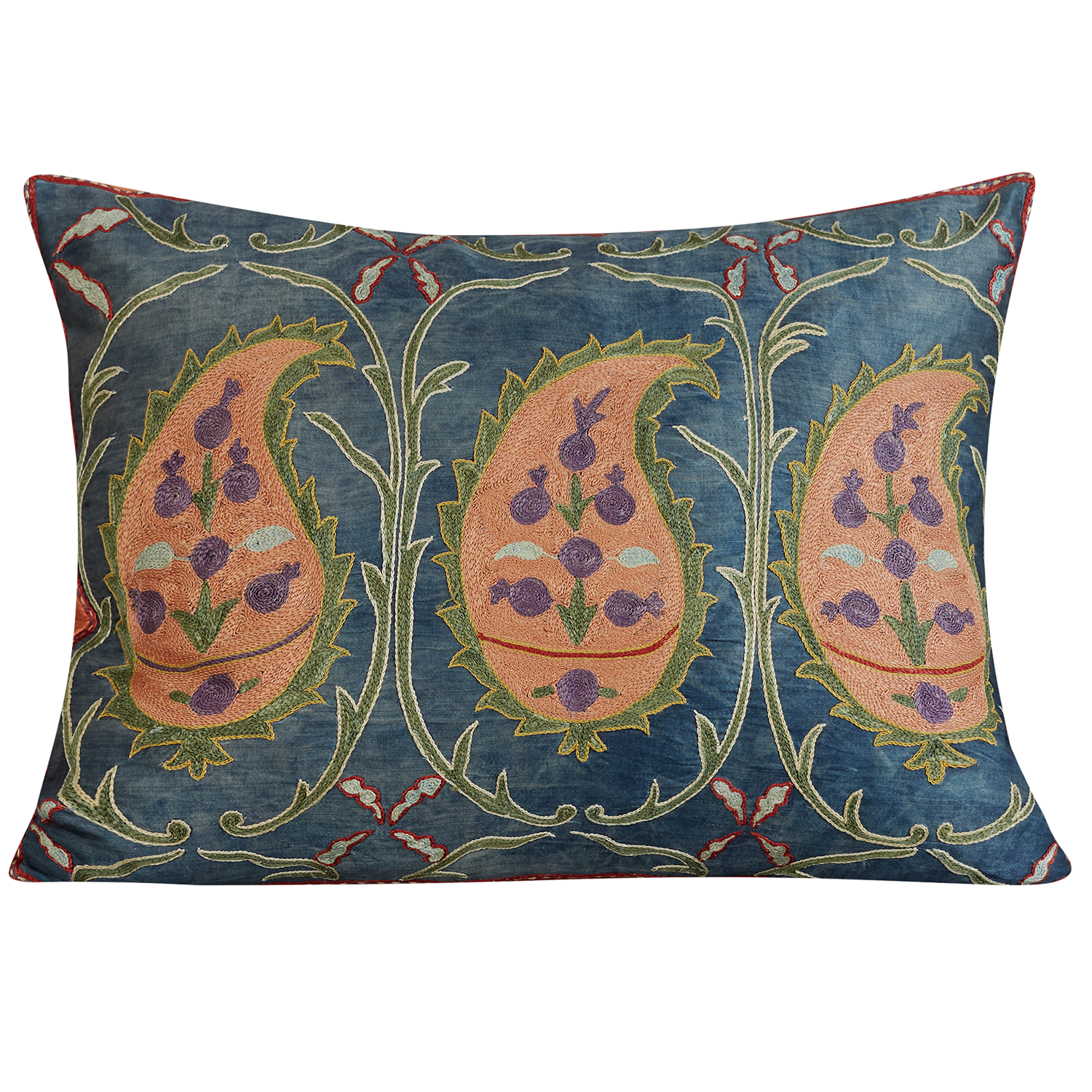 Rectangular orange paisley design suzani on dark blue ground with pink silk back