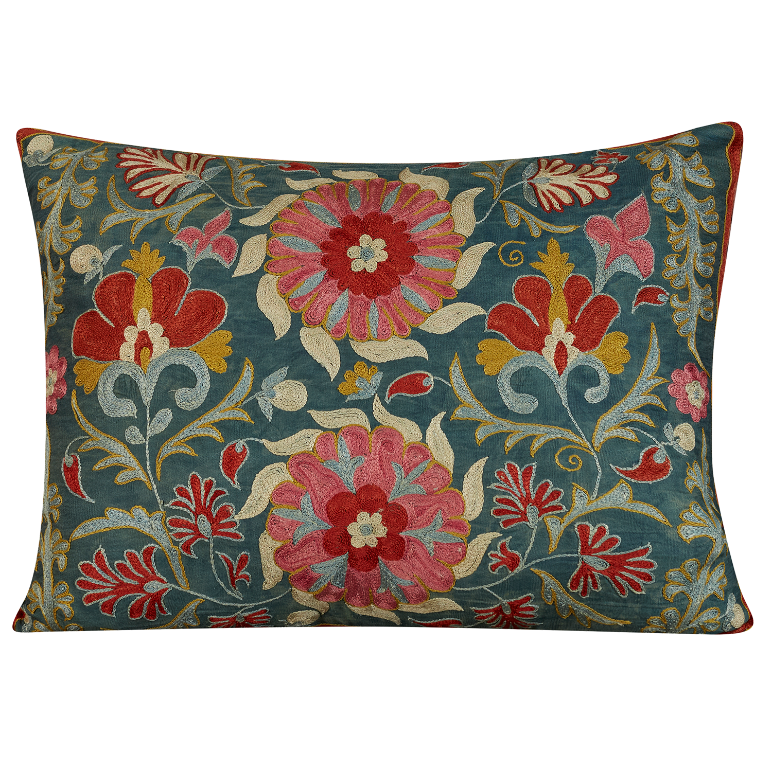 Rectangular peony, rose, and tulip design suzani on green ground