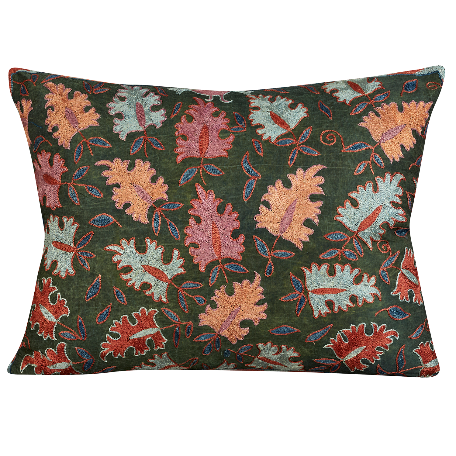 Rectangular multicoloured leaf design suzani on dark blue/green ground