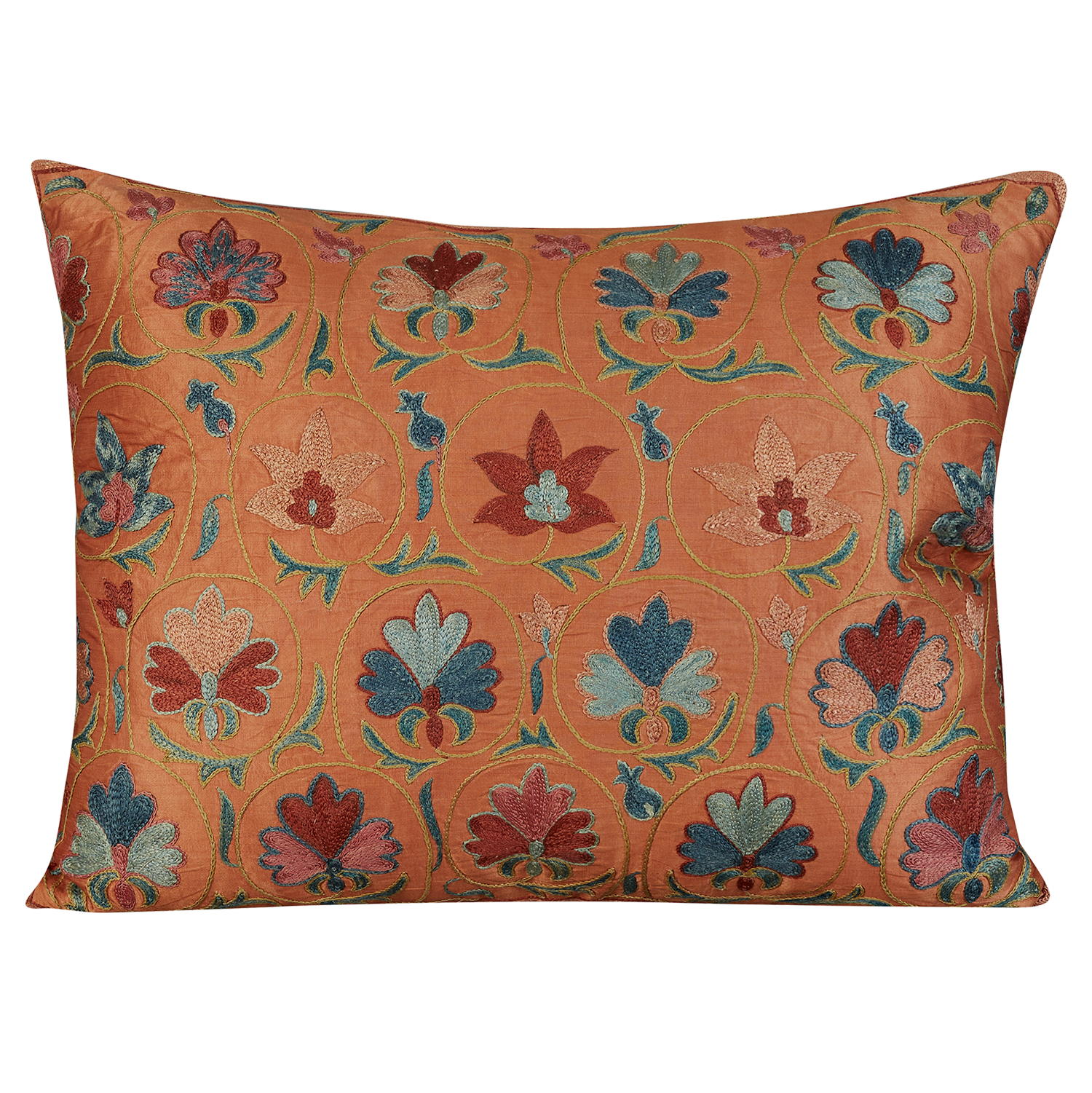 Rectangular symmetrical tulip floral design suzani on apricot pink ground