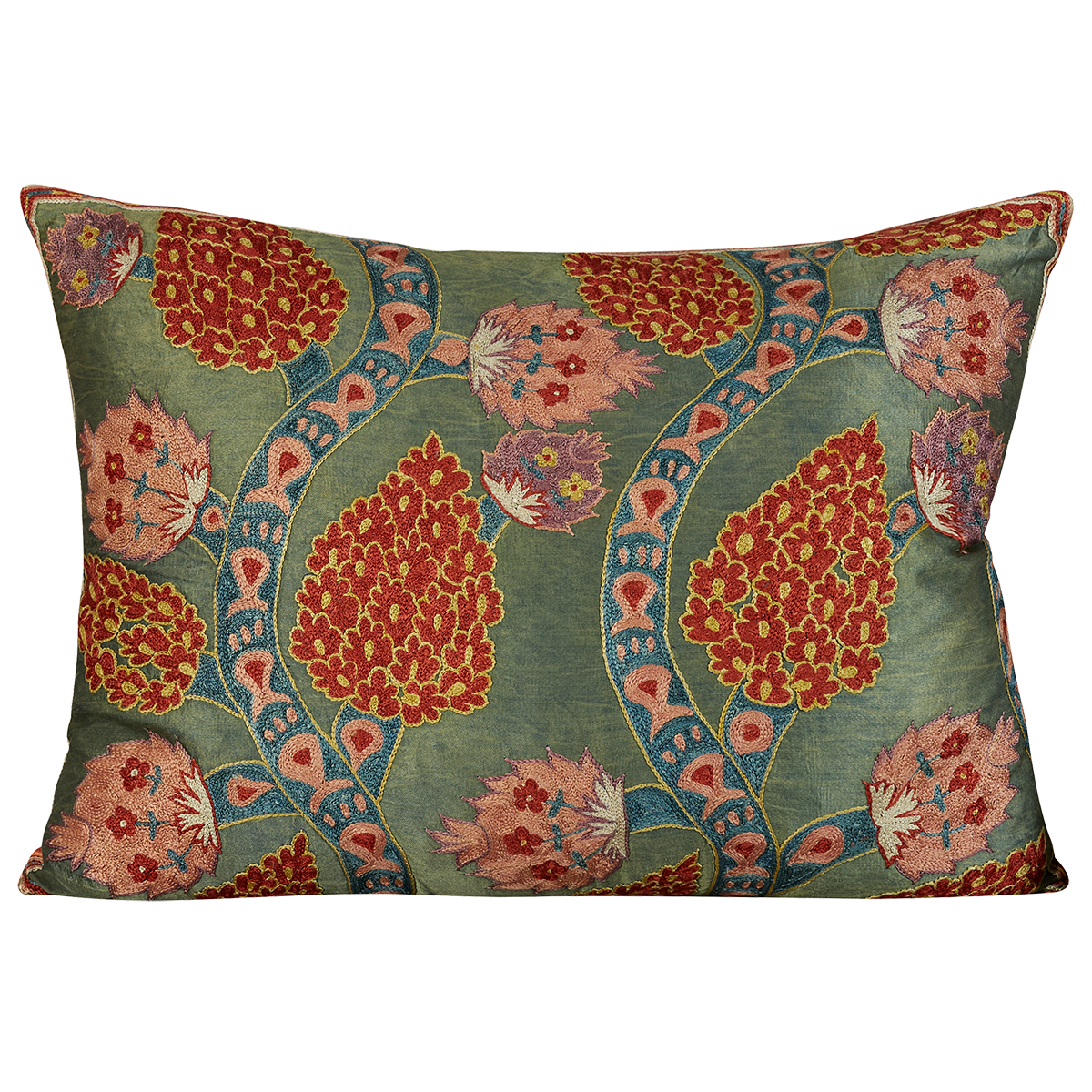 Rectangular Scrolling vine and pink pomegranate design suzani on sea green ground