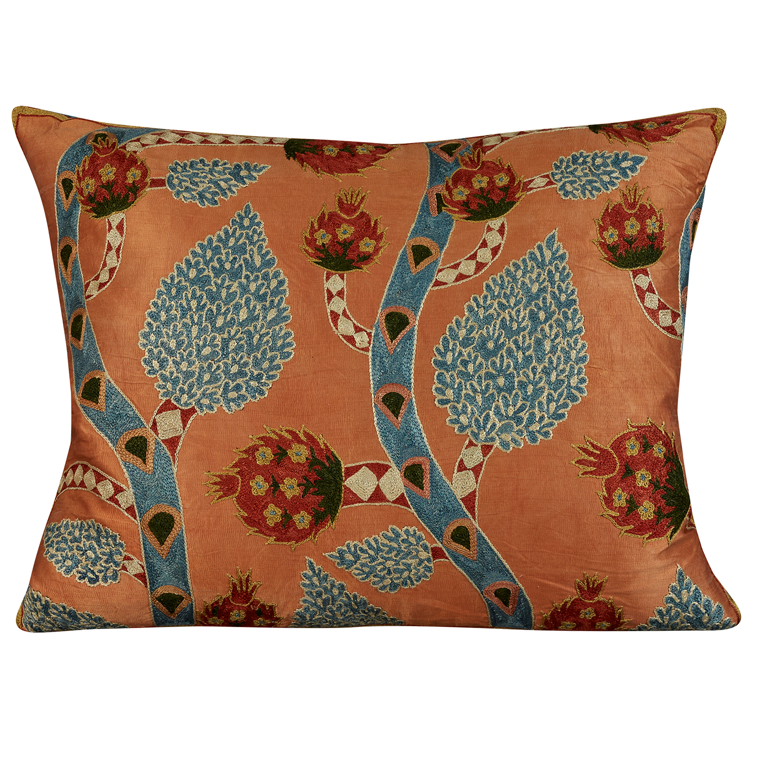 Rectangular vine and red pomegranate design suzani on pink ground