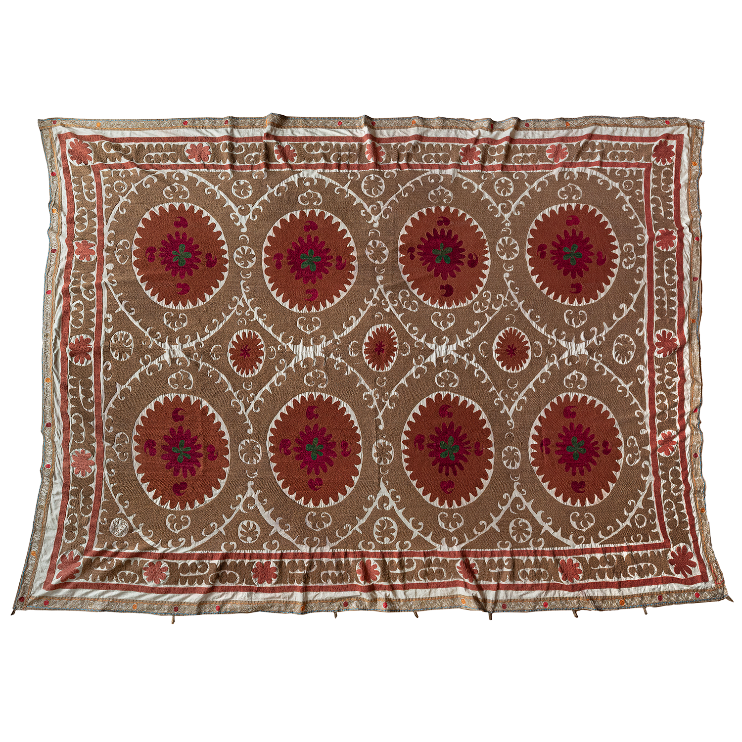 Rectangular cotton Suzani brown and terracotta hanging/bedspread, Uzbekistan circa 2000