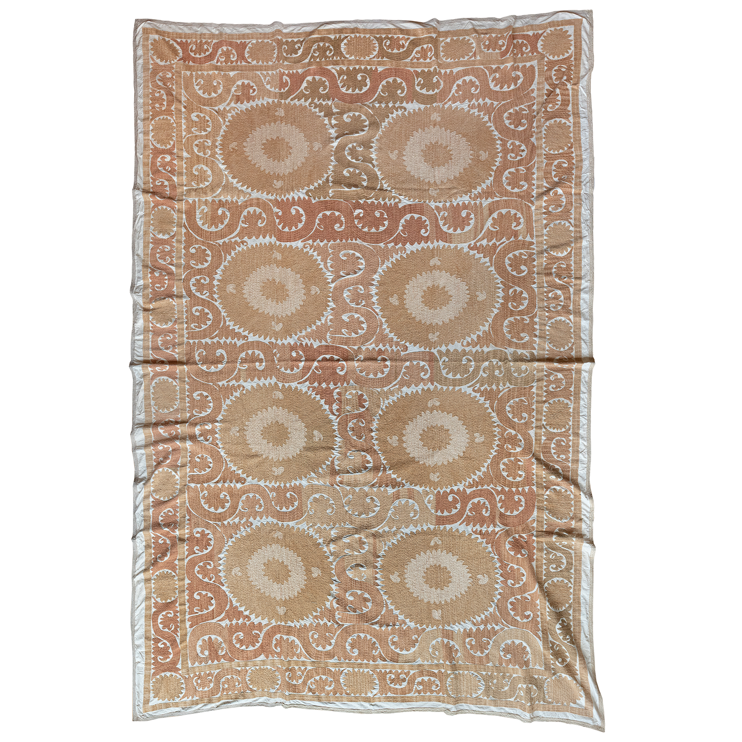 Large rectangular cotton Suzani camel and beige hanging/bedspread, Uzbekistan circa 2000