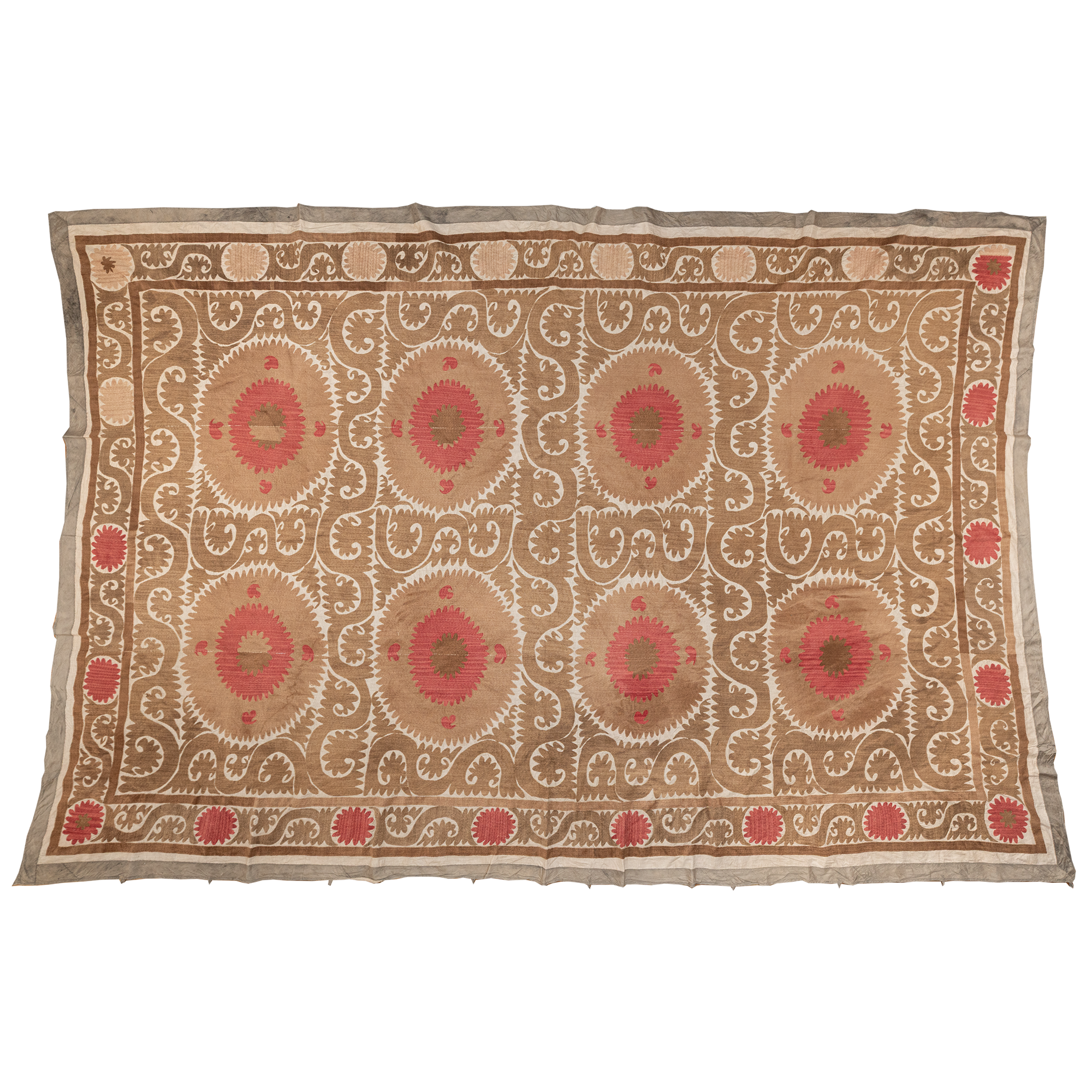 Large suzani light brown and red hanging/bedspread, Uzbekistan circa 2000