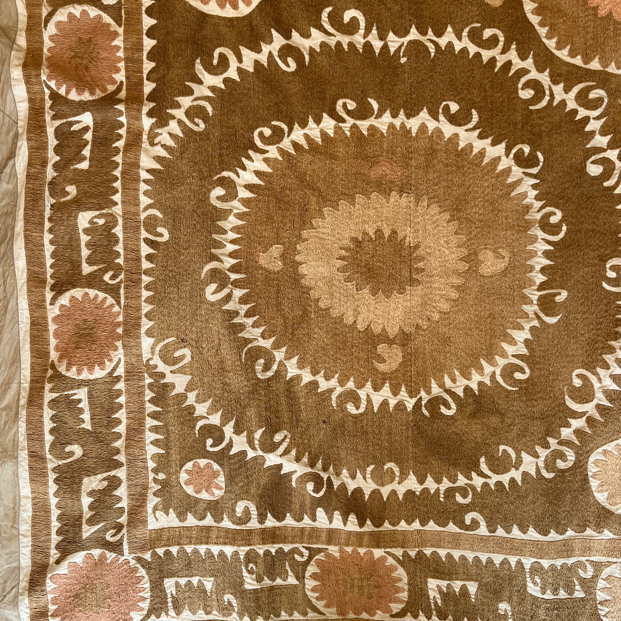 Large rectangular cotton Suzani camel and dusky pink hanging/bedspread, Uzbekistan circa 2000