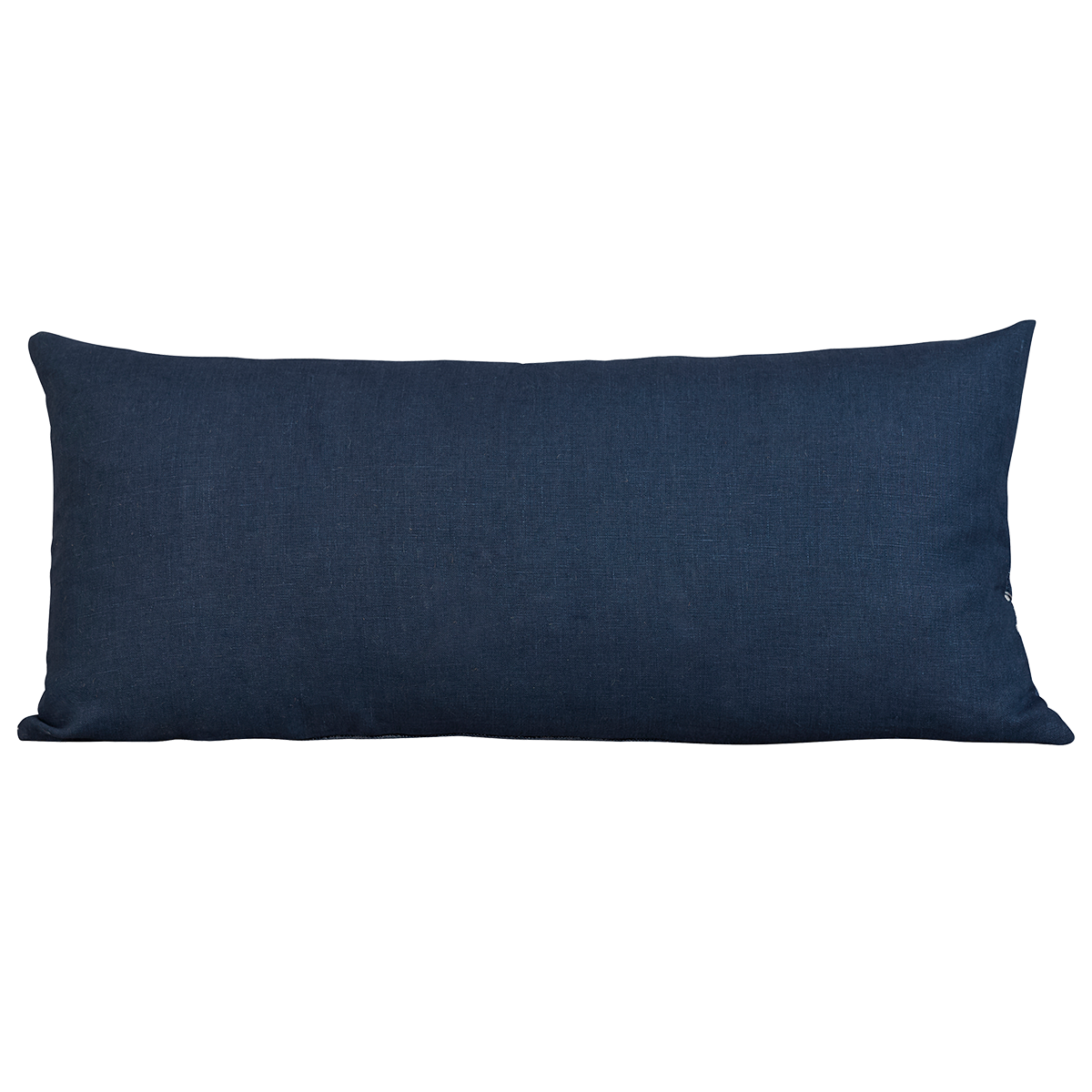 Long rectangular vintage woven cotton Guatemalan indigo cushion with multicoloured embroidery