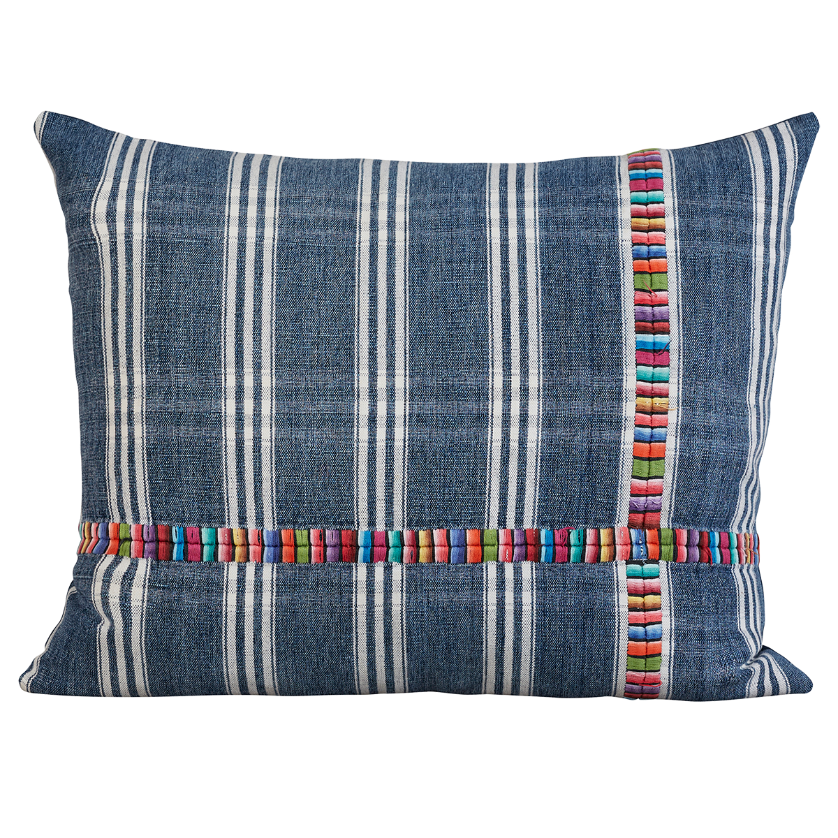 Rectangular vintage woven cotton Guatemalan indigo cushion with multicoloured cotton embroidery