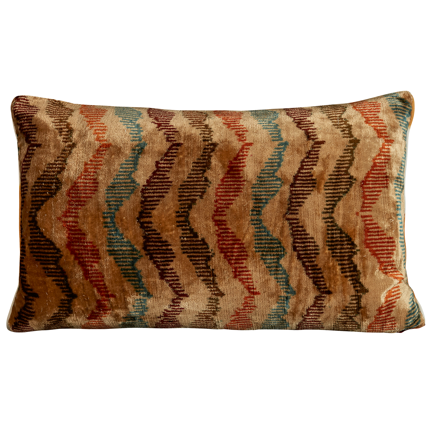 Brown and orange geometric hand-woven silk velvet Ikat cushion - throw pillow