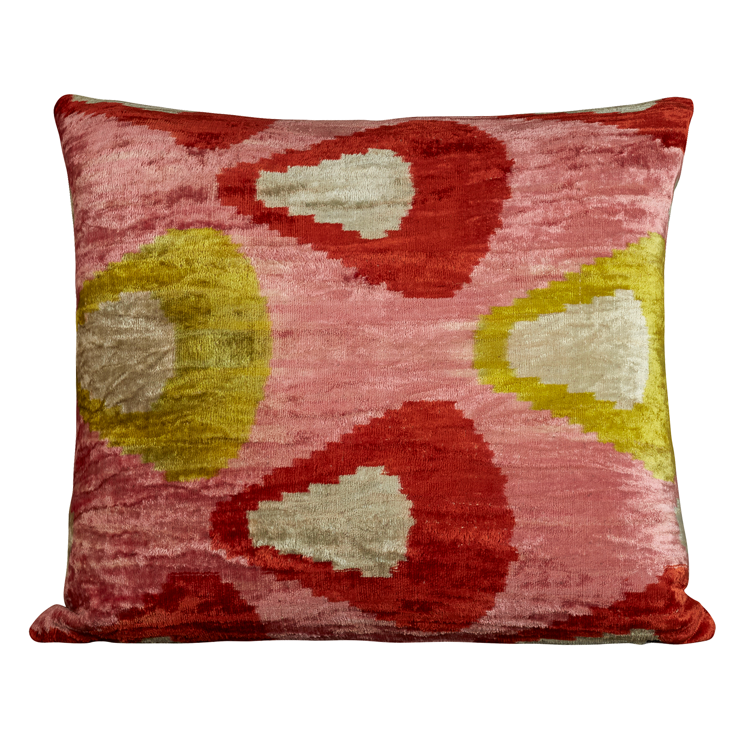 Small pink and chartreuse hand-woven silk velvet ikat cushion - throw pillow
